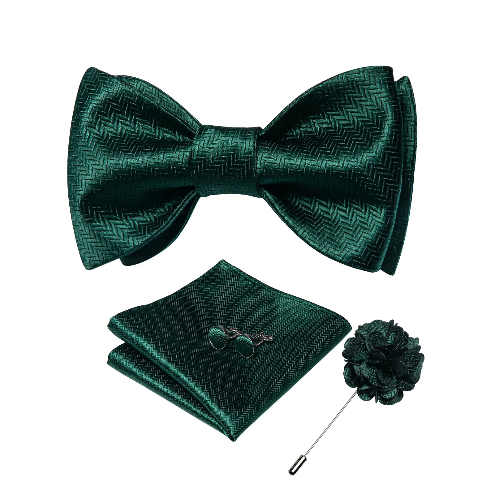 Ties2you Hunter Green Self-tie Solid Bow Tie Pocket Square Cufflinks Set with Lapel Pin sold by Ties2You