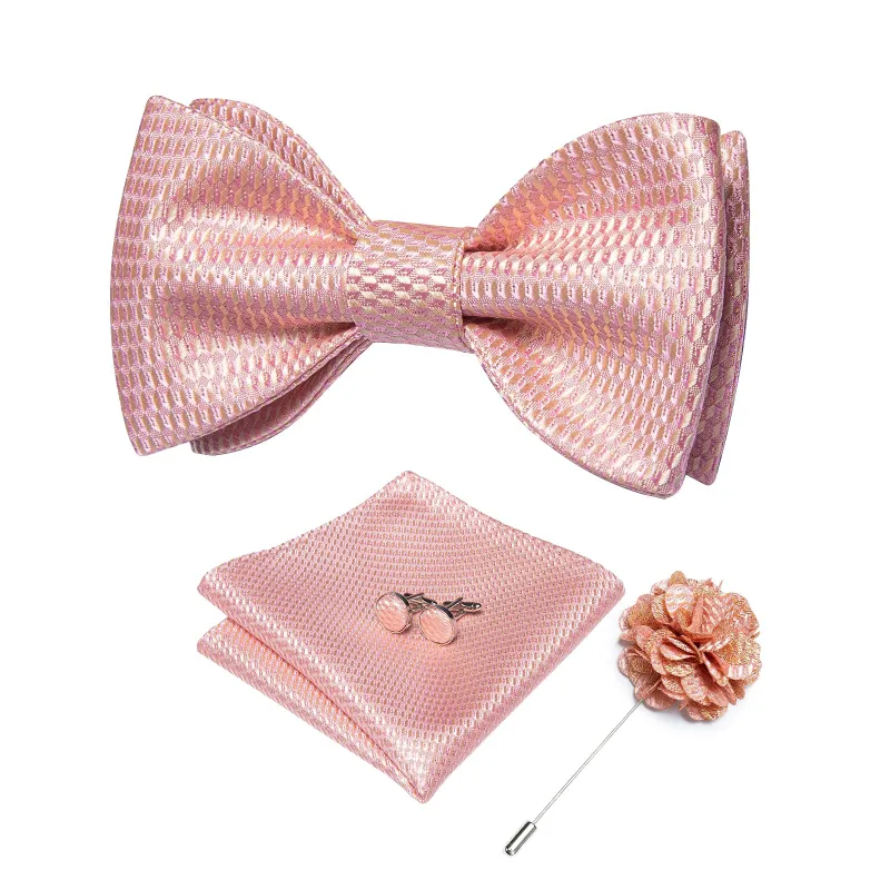 Ties2you Men's Blush Plaid Self-tie Party Bowtie Handkerchief Cufflinks Set with Lapel Pin sold by Ties2You