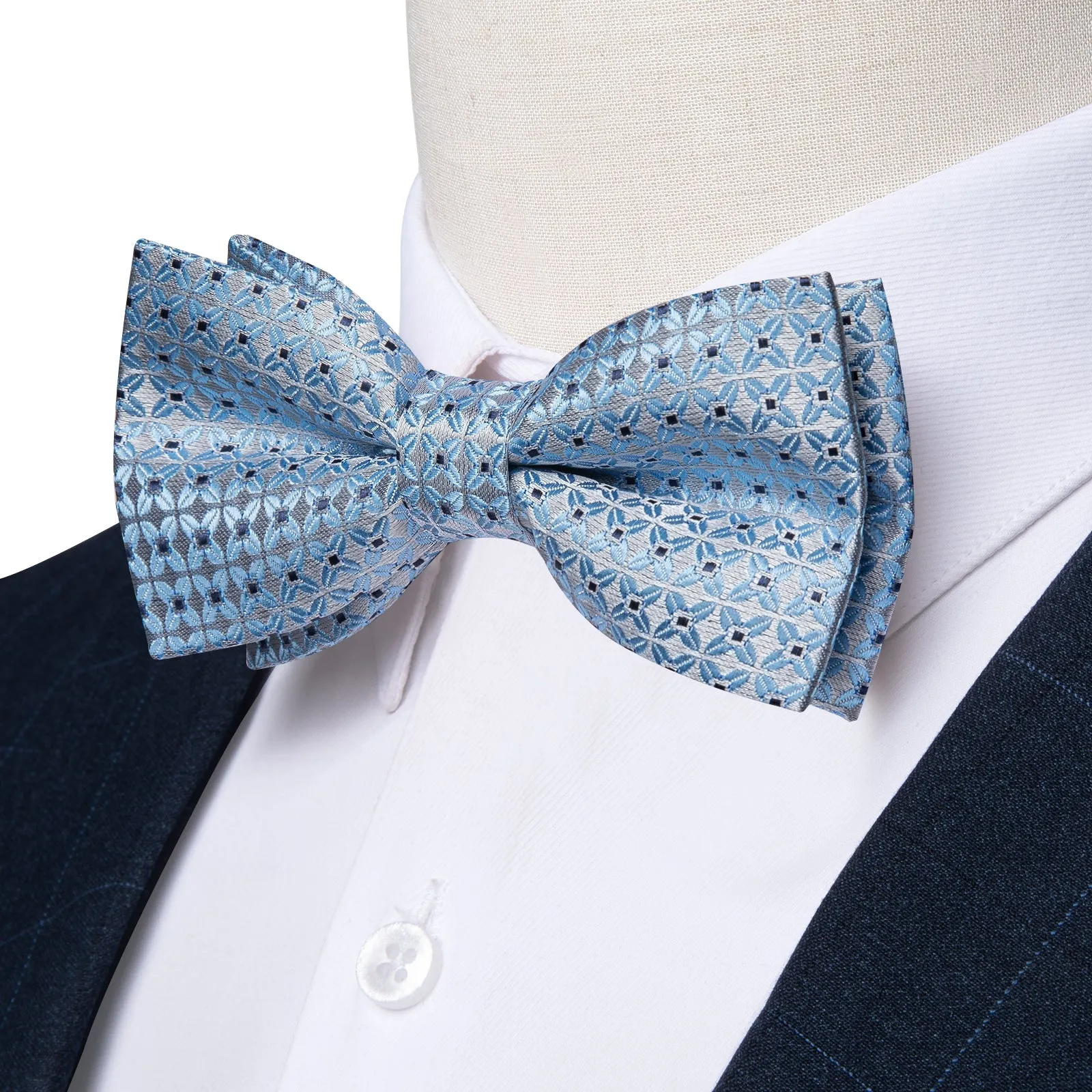 Ties2you Men's Dusty Blue Plaid Pre-tied Bow Tie Handkerchief Cufflinks Set with Lapel Pin sold by Ties2You product image thumbnail 2