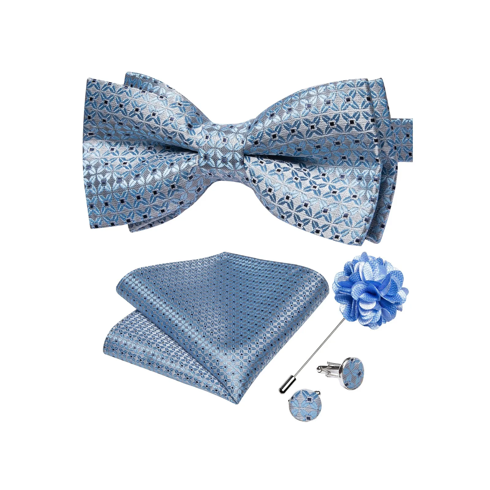Ties2you Men's Dusty Blue Plaid Pre-tied Bow Tie Handkerchief Cufflinks Set with Lapel Pin sold by Ties2You