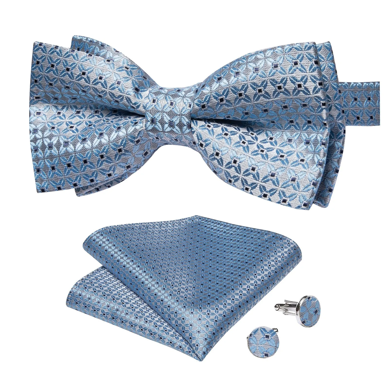 Ties2you Men's Dusty Blue Plaid Pre-tied Bow Tie Handkerchief Cufflinks Set with Lapel Pin sold by Ties2You product image thumbnail 3