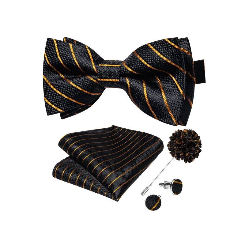 Ties2you Striped Pre-tied Black Business Bowtie Handkerchief Cufflinks Set with Lapel Pin made by Ties2You