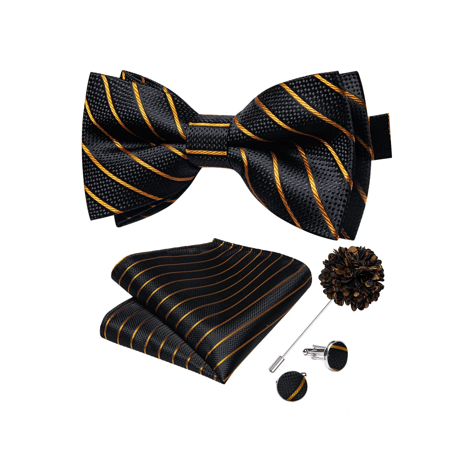 Ties2you Striped Pre-tied Black Business Bowtie Handkerchief Cufflinks Set with Lapel Pin sold by Ties2You