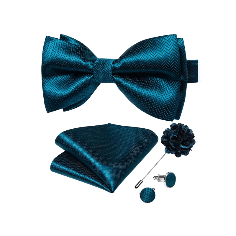 Ties2you Men's Teal Pre-tied Striped Bow Tie Handkerchief Cufflinks Set with Lapel Pin made by Ties2You
