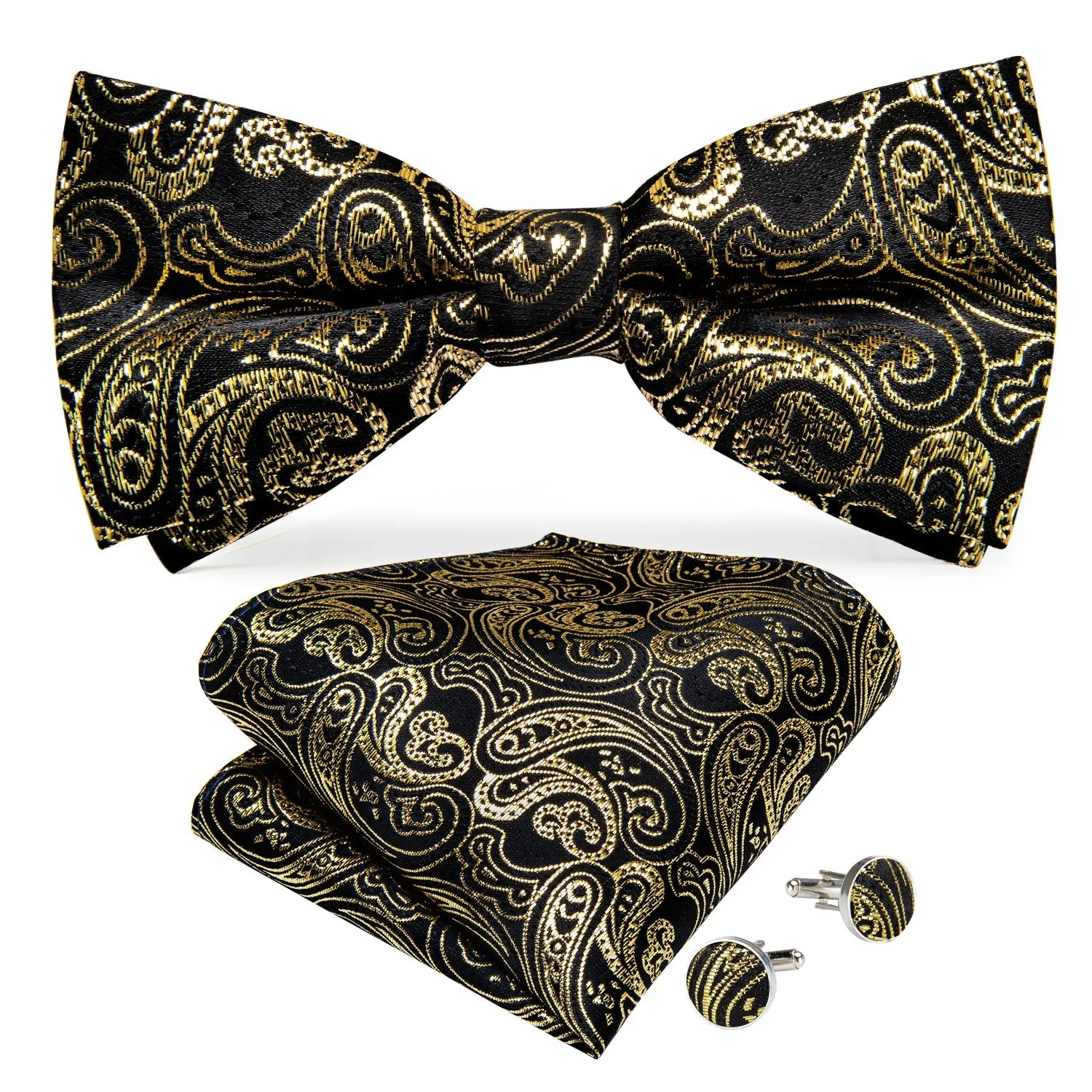 Ties2you Men's Gold Paisley Bowtie Pre-tied Formal Bow tie Handkerchief Cufflinks Set sold by Ties2You product image thumbnail 3
