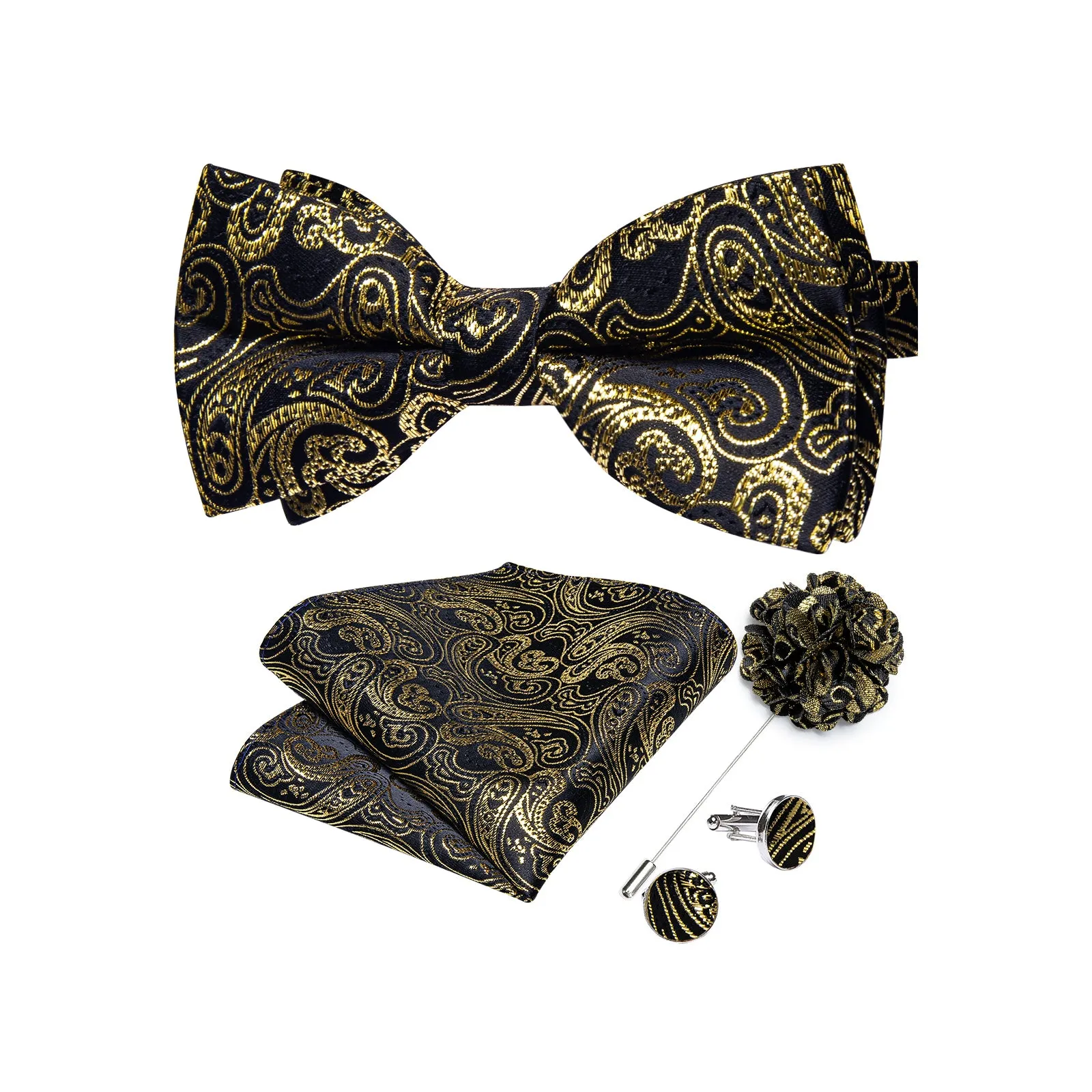 Ties2you Men's Gold Paisley Bowtie Pre-tied Formal Bow tie Handkerchief Cufflinks Set sold by Ties2You