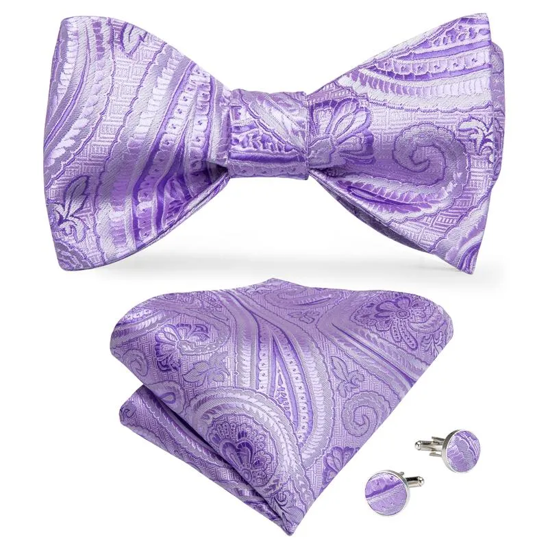 Ties2you Lavender Paisley Self-tie Bow Tie Pocket Square Cufflinks Set with Lapel Pin sold by Ties2You product image thumbnail 2