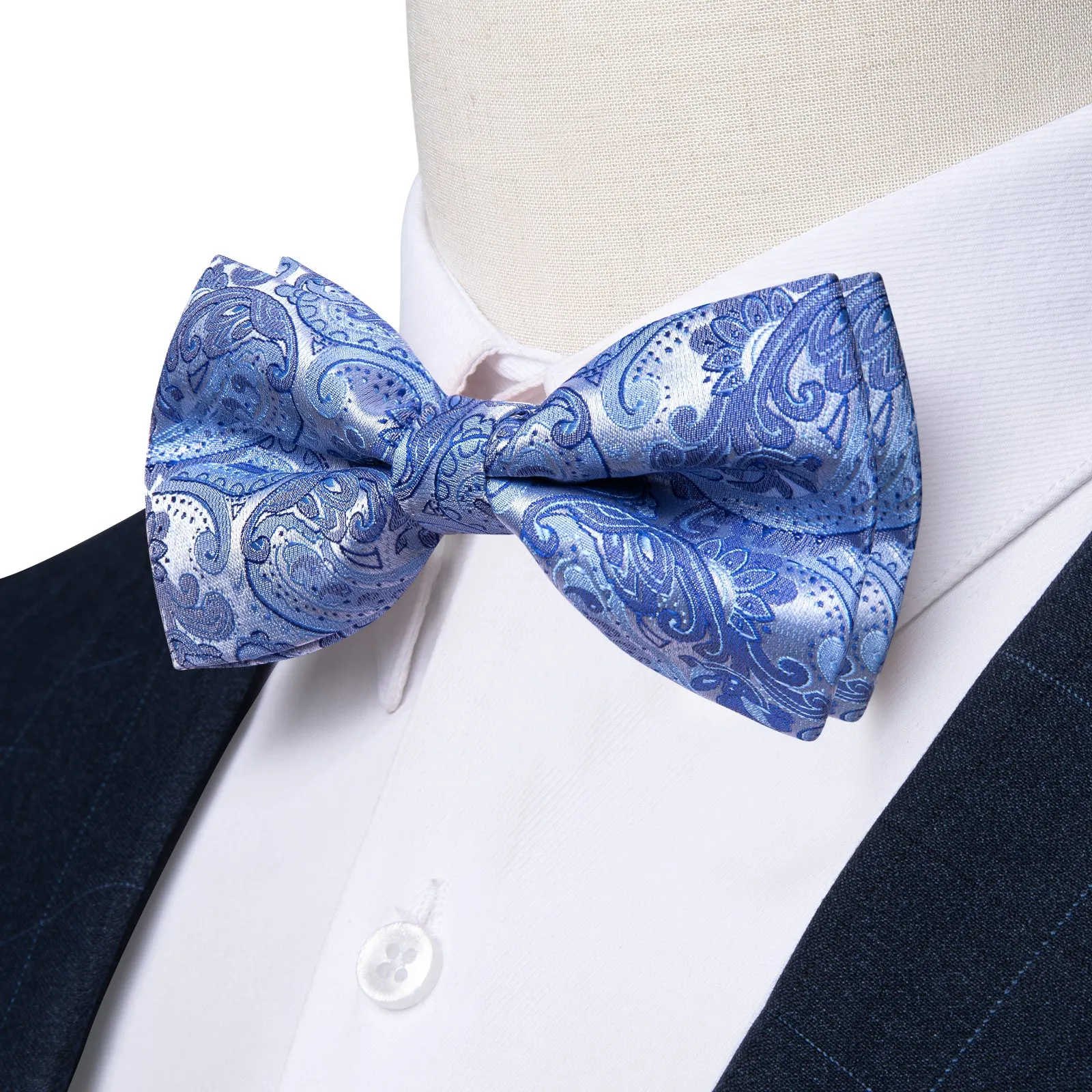 Ties2you Sky Blue Paisley Bowtie Wedding Pre-tied Tuxedo Bowtie Handkerchief Cufflinks Set sold by Ties2You product image thumbnail 5