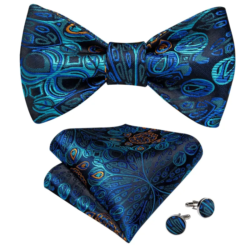 Ties2you Men's Paisley Teal Blue Tuxedo Bowtie Self-tie Bow Tie Handkerchief Cufflinks Set sold by Ties2You