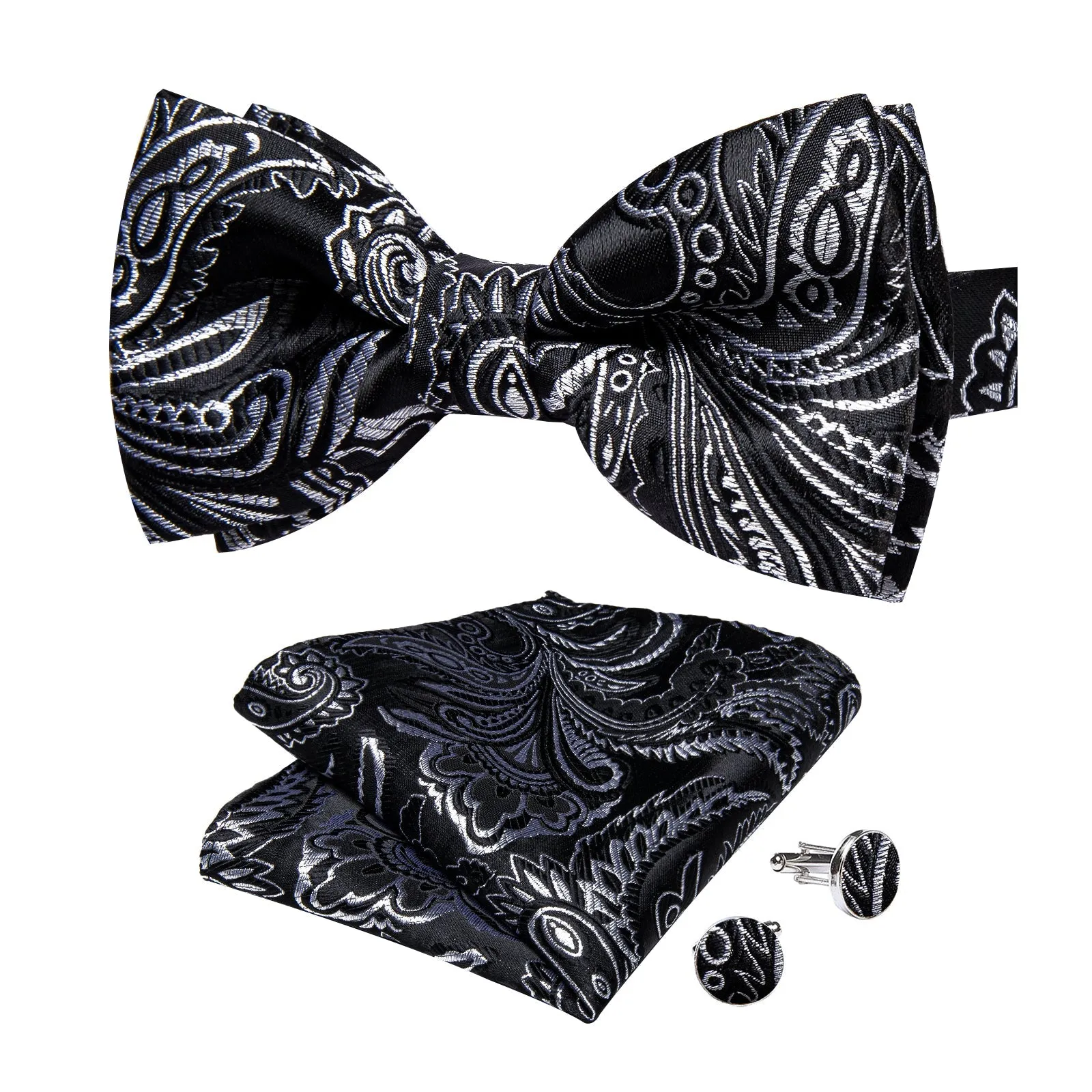 Ties2you Men's Grey Floral Bowtie Pre-tied Formal Bow Tie Handkerchief Cufflinks Set sold by Ties2You product image thumbnail 4