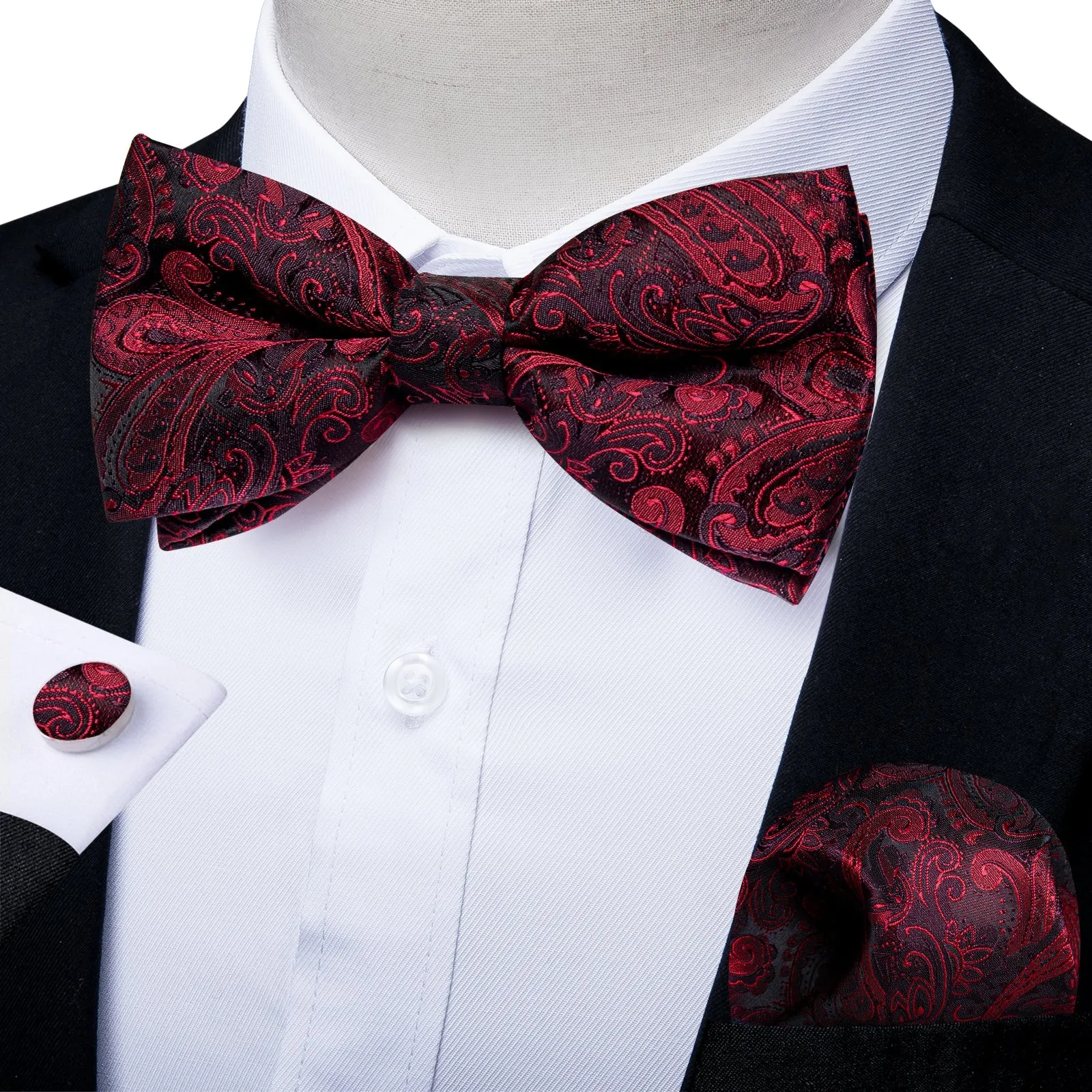 Ties2you Men's Burgundy Paisley Tuxedo Bowtie Pre-tied Bow Tie Handkerchief Cufflinks Set sold by Ties2You