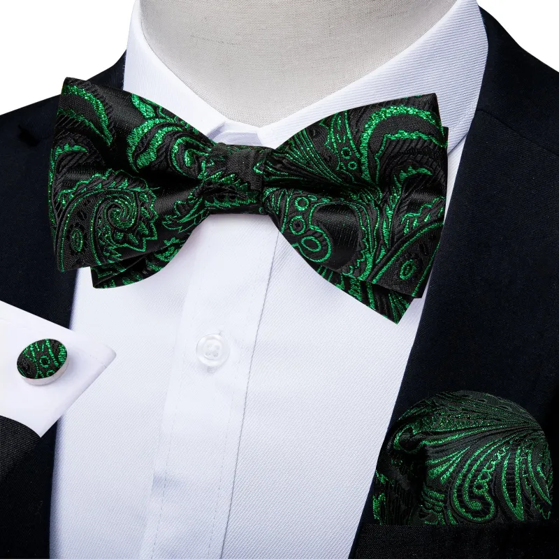 Ties2you Men's Green Floral Bowtie Pre-tied Black Bow Tie Pocket Square Cufflinks Set sold by Ties2You
