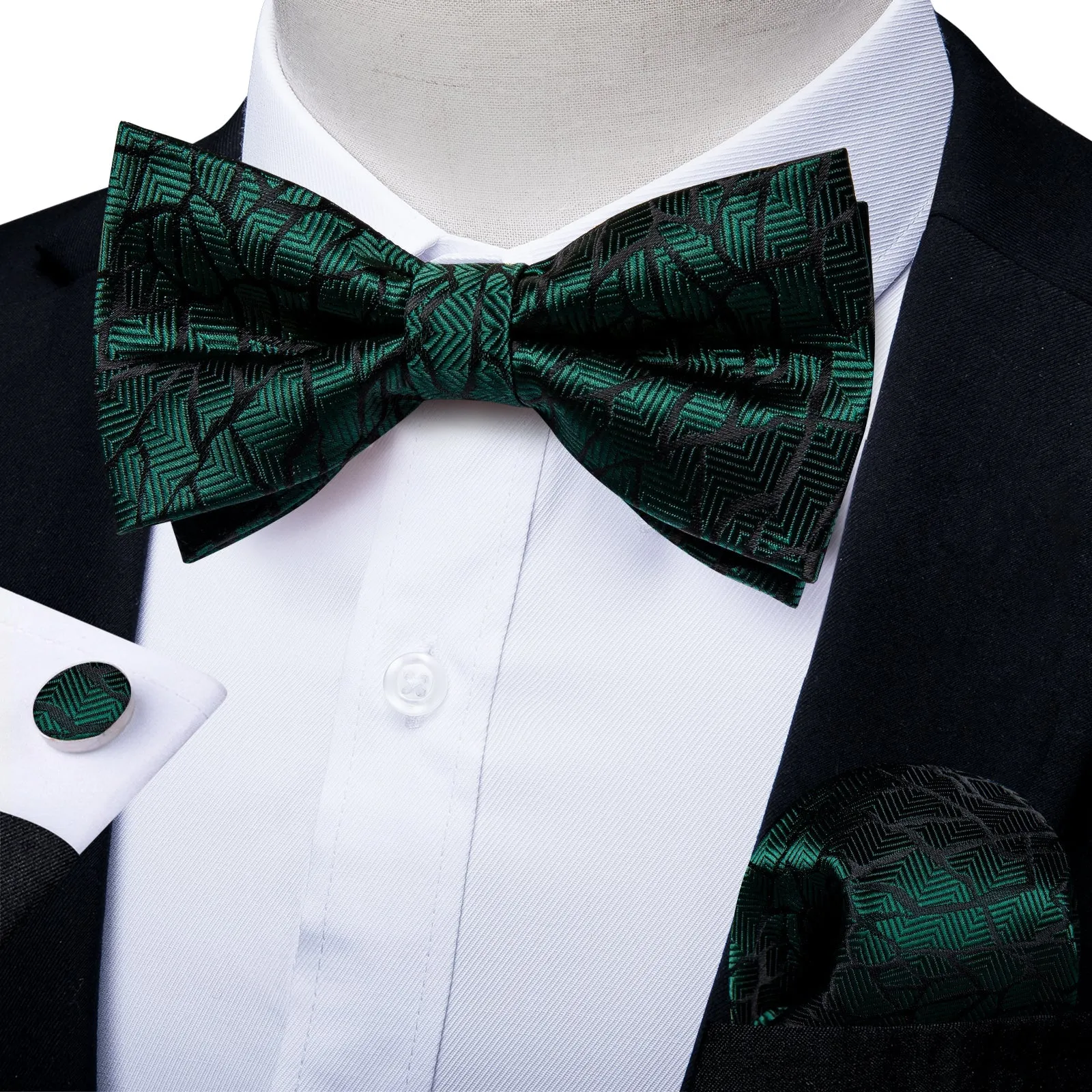 Ties2you Hunter Green Striped Bowtie Pre-tied Tuxedo Bow Tie Handkerchief Cufflinks Set sold by Ties2You
