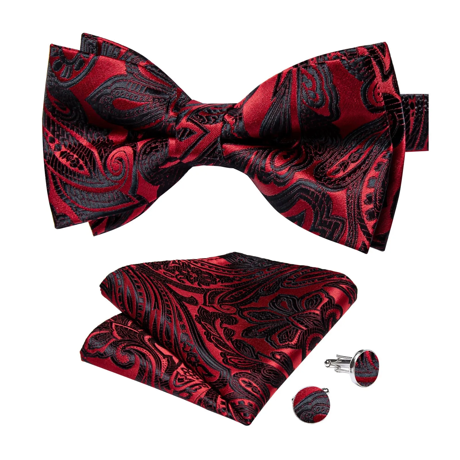 Ties2you Men's Floral Red Bowtie Pre-tied Wedding Bow Tie Handkerchief Cufflinks Set sold by Ties2You product image thumbnail 4