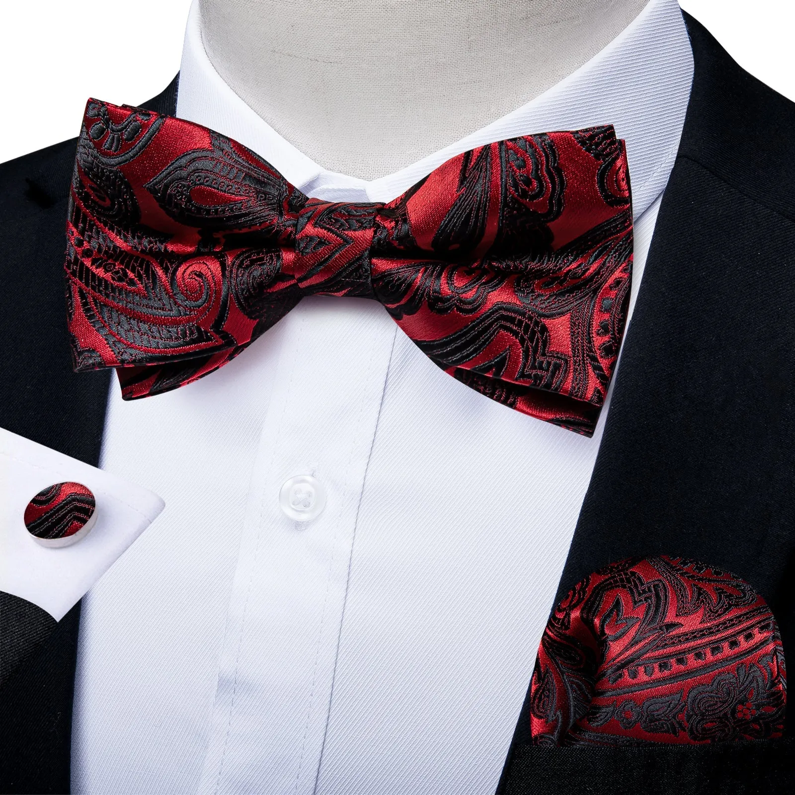 Ties2you Men's Floral Red Bowtie Pre-tied Wedding Bow Tie Handkerchief Cufflinks Set sold by Ties2You