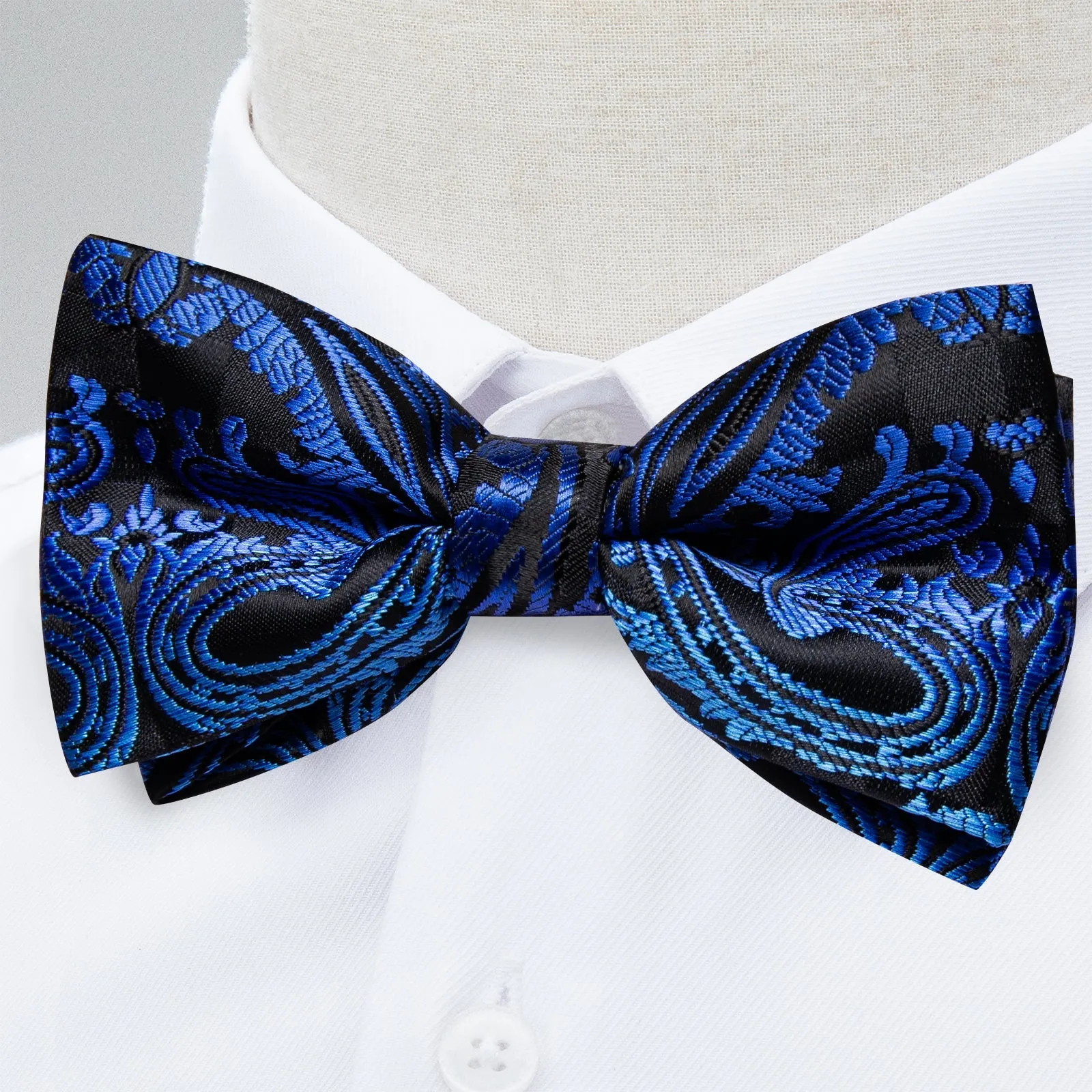Ties2you Men's Blue Paisley Bowtie Pre-tied Black Bow Tie Pocket Square Cufflinks Set sold by Ties2You product image thumbnail 3