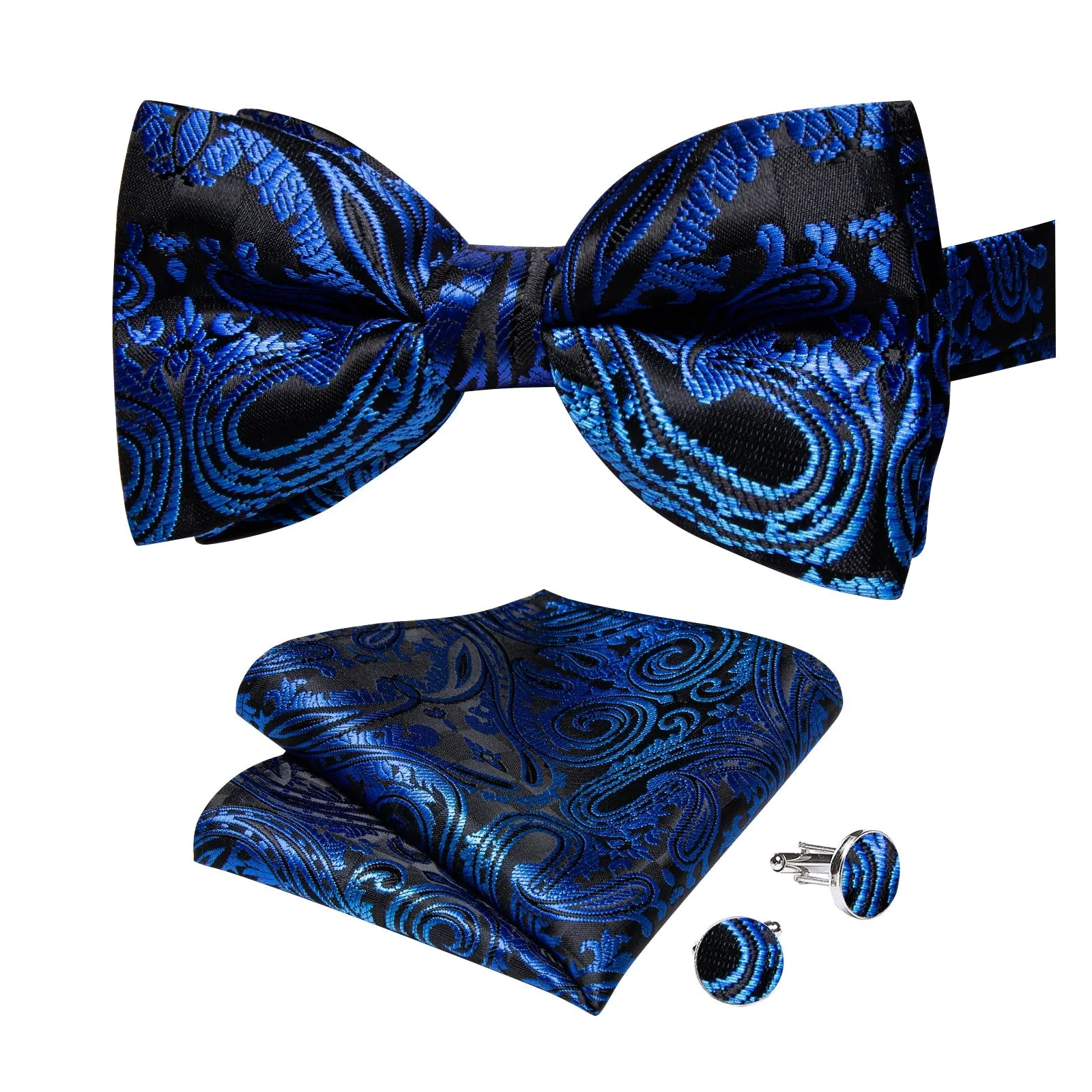 Ties2you Men's Blue Paisley Bowtie Pre-tied Black Bow Tie Pocket Square Cufflinks Set sold by Ties2You product image thumbnail 4