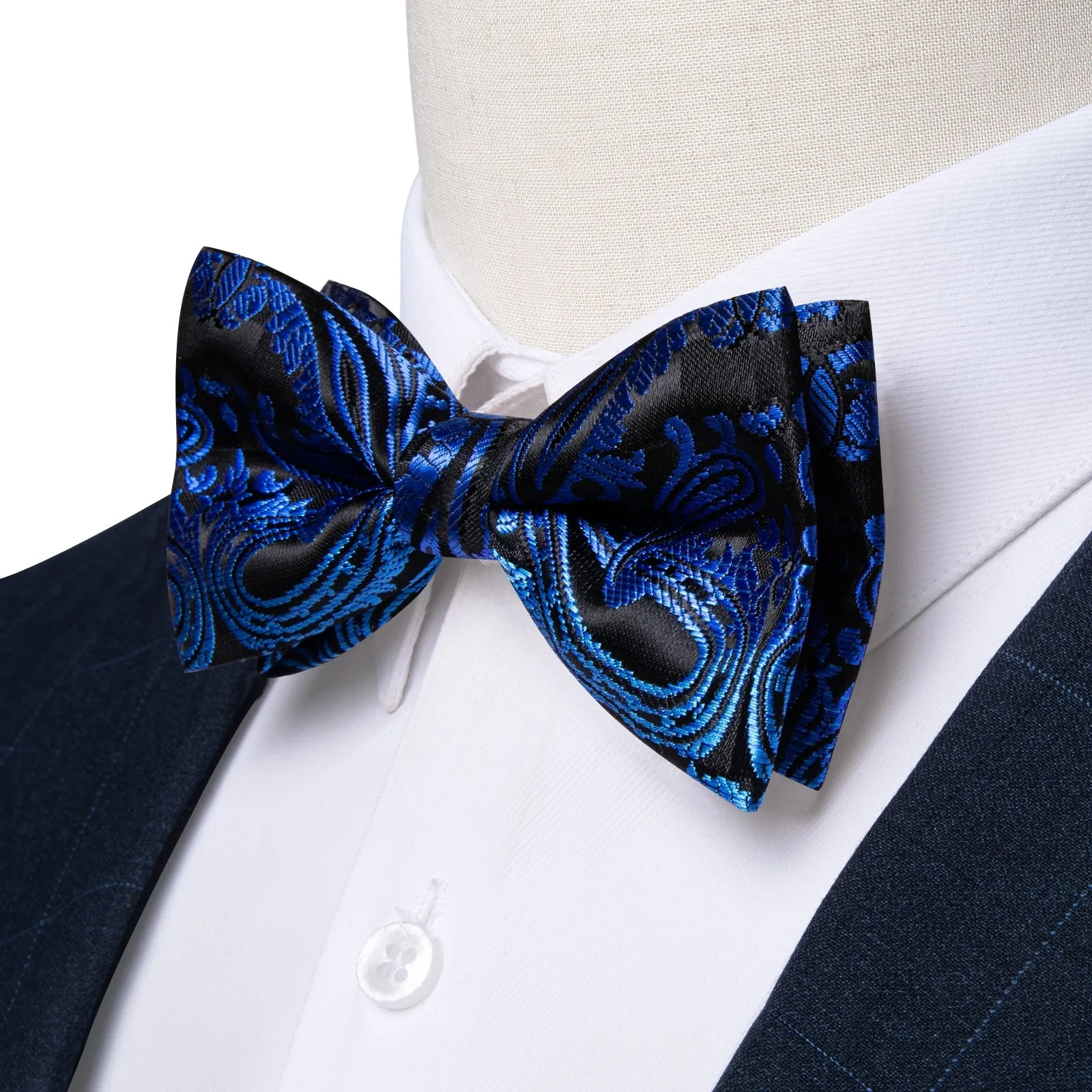 Ties2you Men's Blue Paisley Bowtie Pre-tied Black Bow Tie Pocket Square Cufflinks Set sold by Ties2You product image thumbnail 2