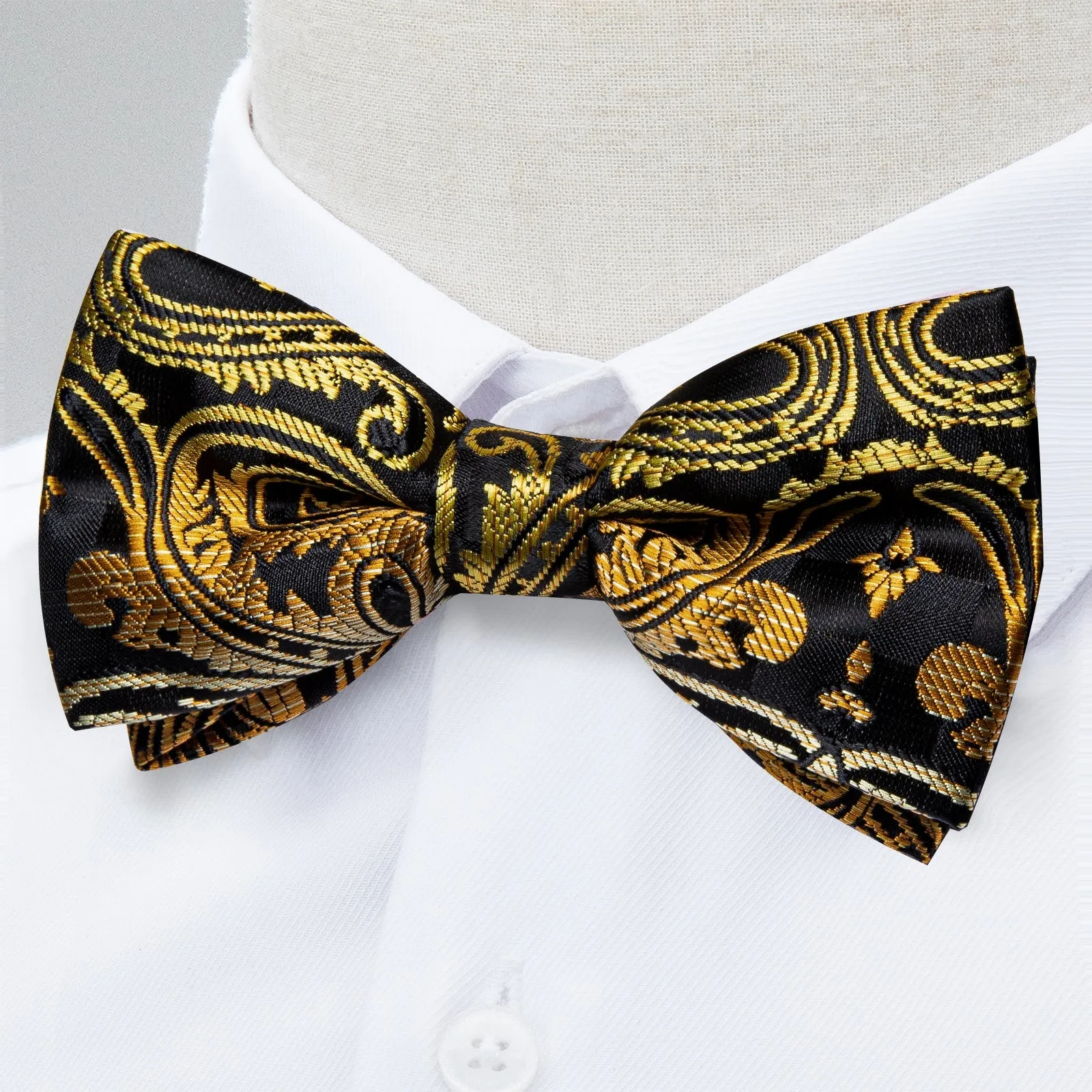 Ties2you Men's Gold Floral Bowtie Black Pre-tied Bow Tie Handkerchief Cufflinks Set sold by Ties2You product image thumbnail 2