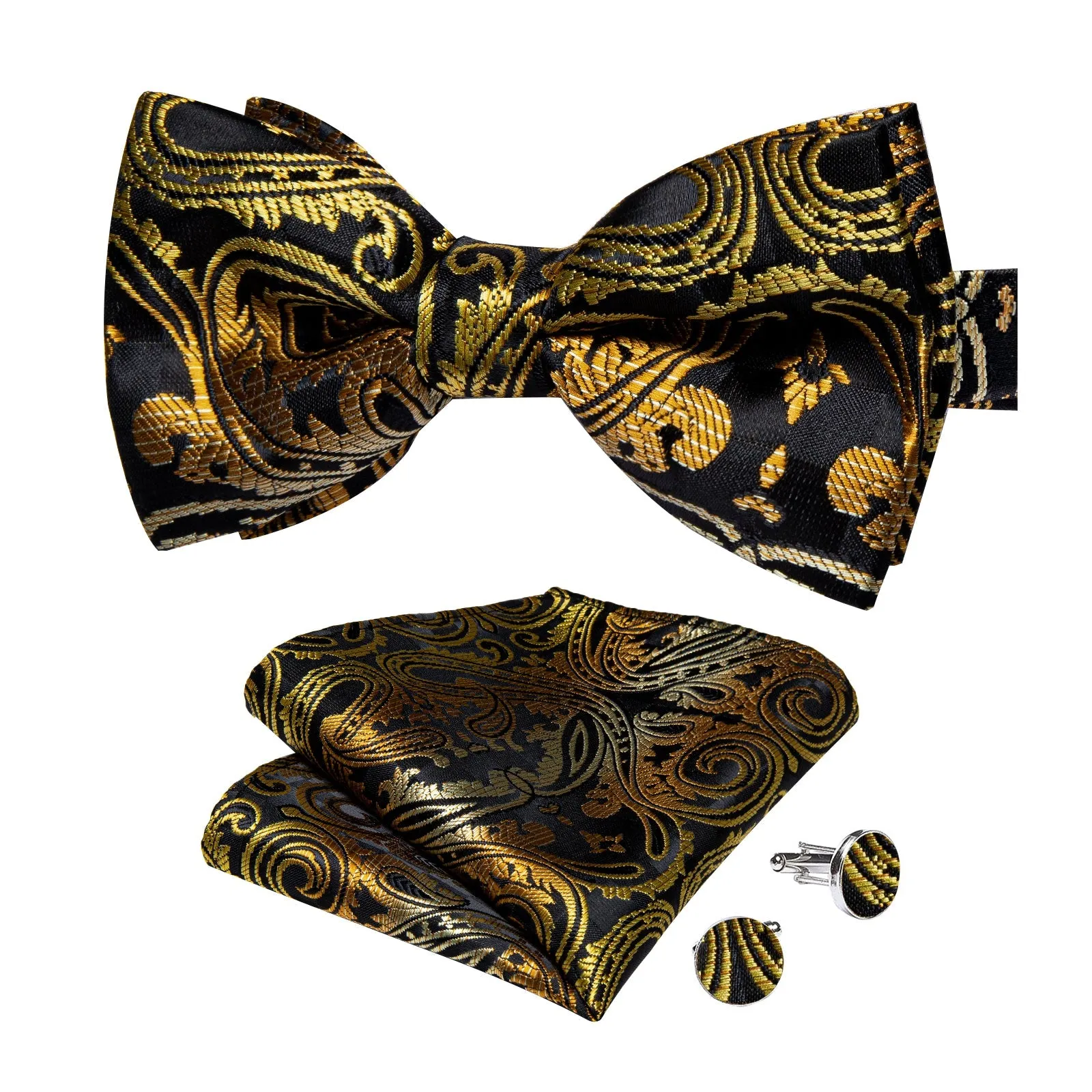 Ties2you Men's Gold Floral Bowtie Black Pre-tied Bow Tie Handkerchief Cufflinks Set sold by Ties2You product image thumbnail 4