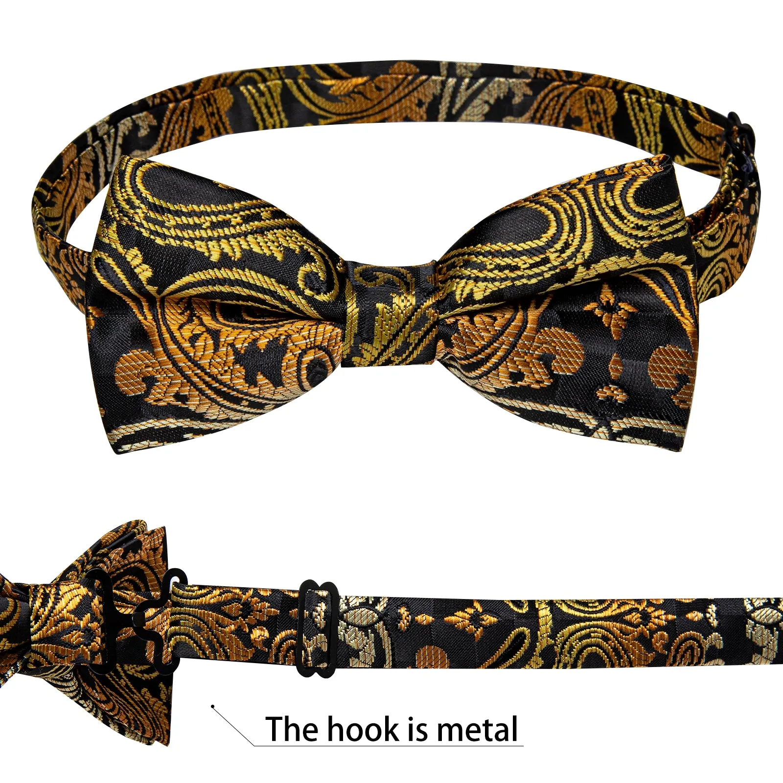 Ties2you Men's Gold Floral Bowtie Black Pre-tied Bow Tie Handkerchief Cufflinks Set sold by Ties2You product image thumbnail 5