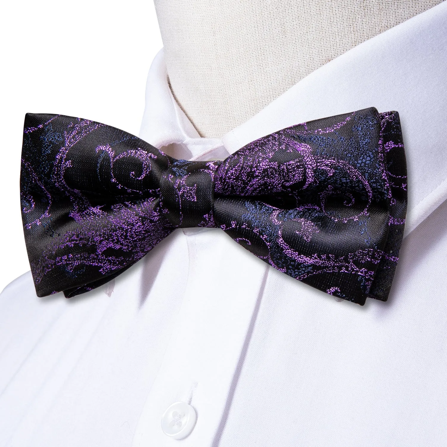 Ties2you Purple Floral Bow Tie Black Pre-tied Bowtie Handkerchief Cufflinks Set for Men sold by Ties2You product image thumbnail 3