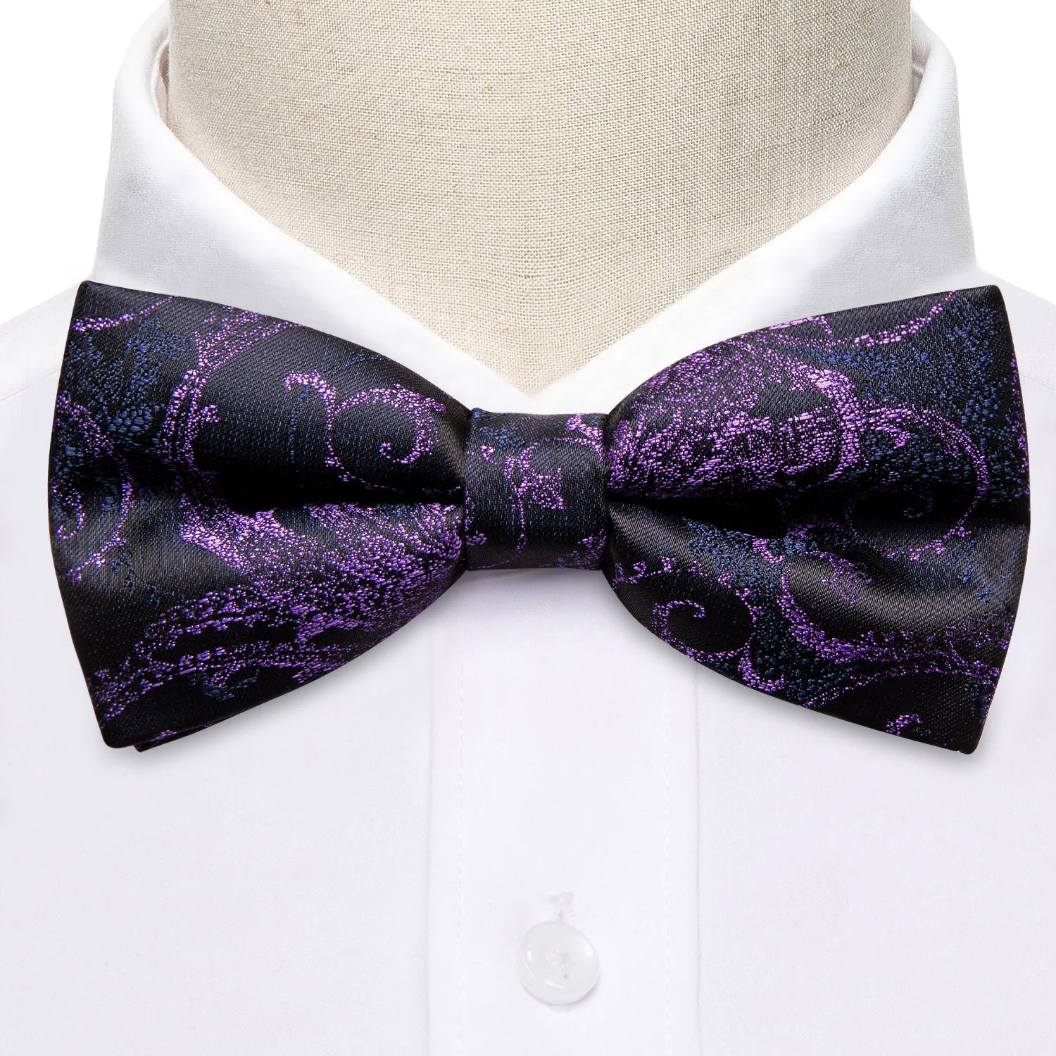 Ties2you Purple Floral Bow Tie Black Pre-tied Bowtie Handkerchief Cufflinks Set for Men sold by Ties2You product image thumbnail 4