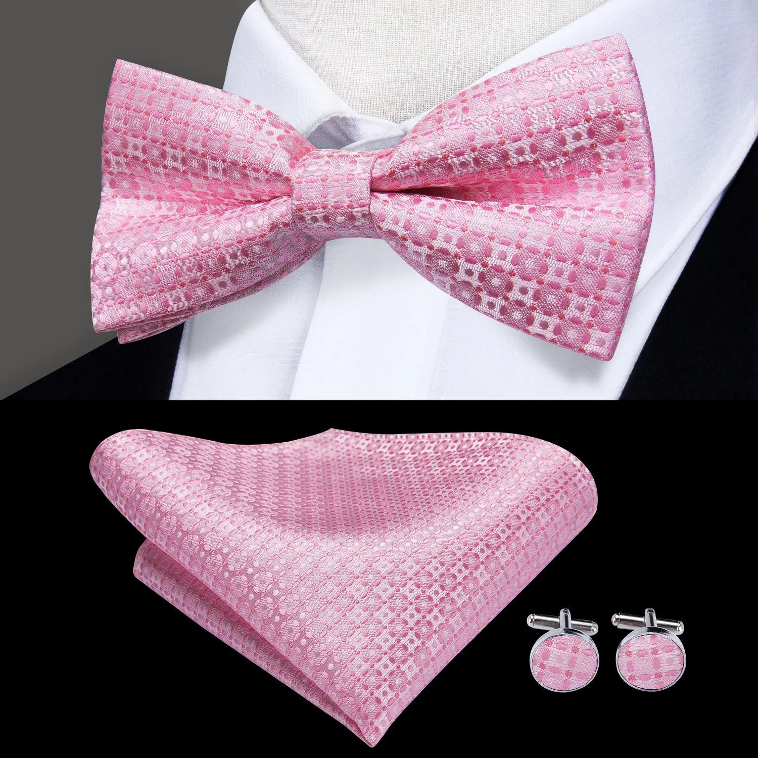 Ties2you Men's Plaid Pink Bow Tie Pre-tied Tuxedo Bowtie Pocket Square Cufflinks Set sold by Ties2You