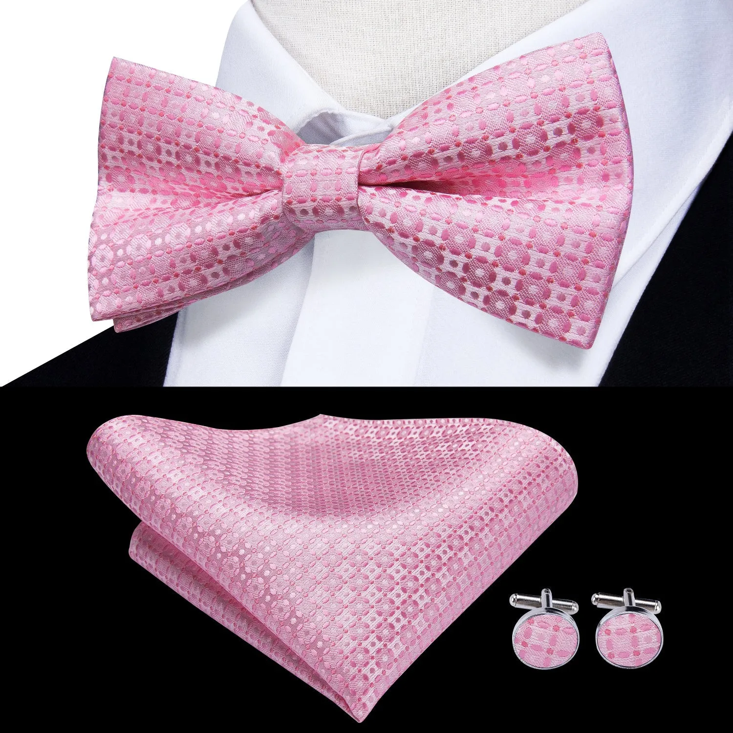 Ties2you Men's Plaid Pink Bow Tie Pre-tied Tuxedo Bowtie Pocket Square Cufflinks Set sold by Ties2You product image thumbnail 2