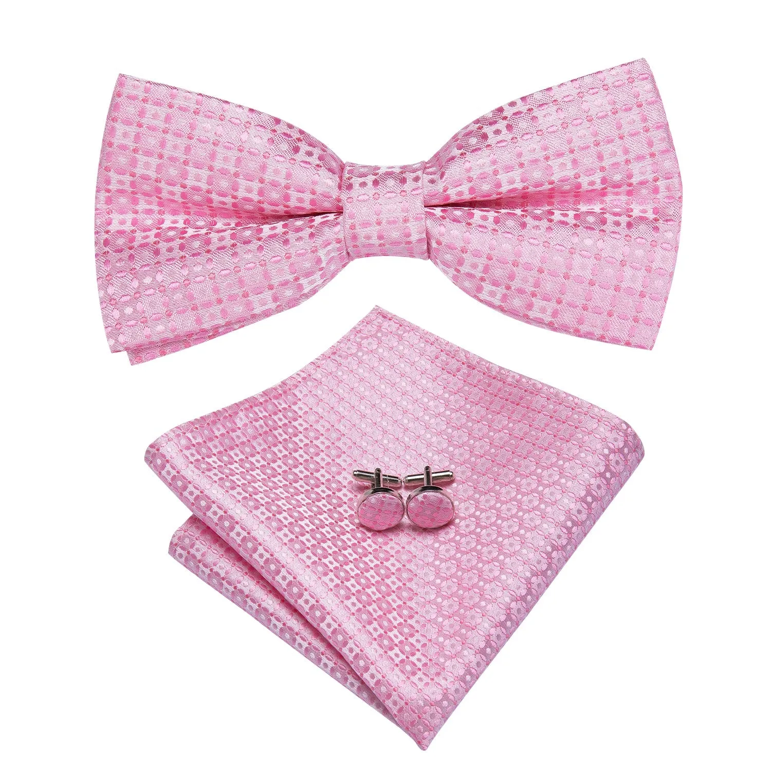 Ties2you Men's Plaid Pink Bow Tie Pre-tied Tuxedo Bowtie Pocket Square Cufflinks Set sold by Ties2You product image thumbnail 5