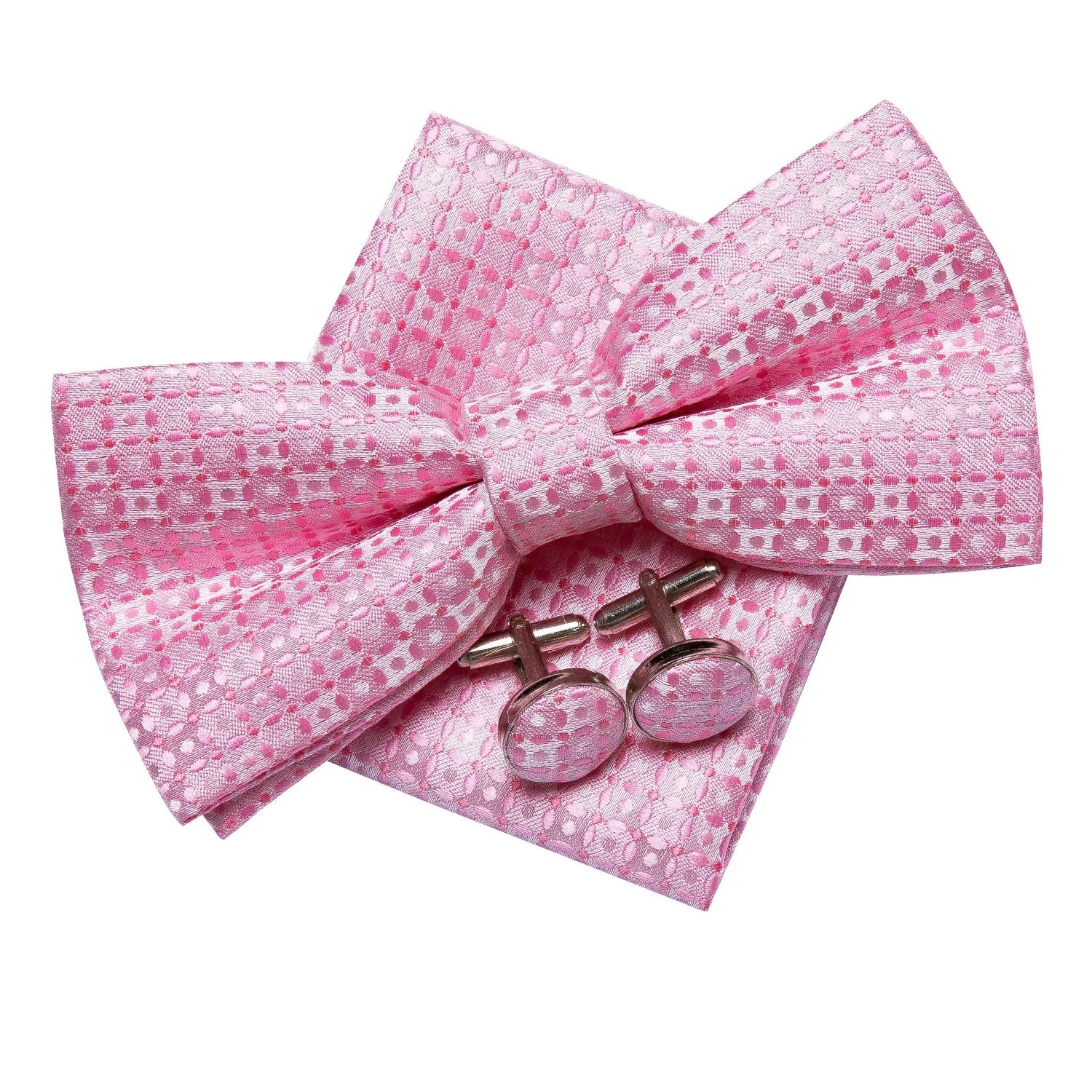 Ties2you Men's Plaid Pink Bow Tie Pre-tied Tuxedo Bowtie Pocket Square Cufflinks Set sold by Ties2You product image thumbnail 3