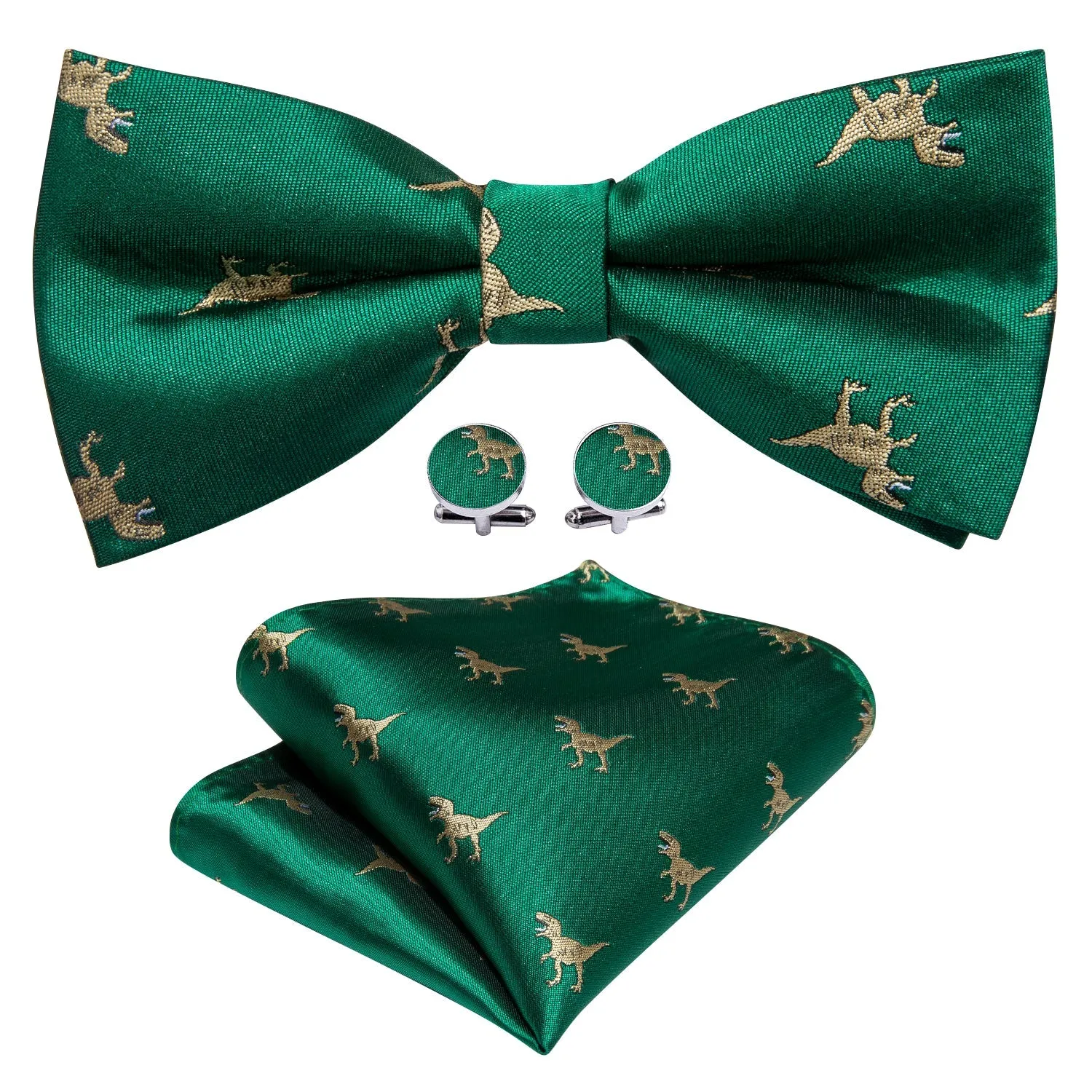 Ties2you Men's Dinosaur Pre-tied Bowtie Green Casual Bow Tie Handkerchief Cufflinks Set sold by Ties2You product image thumbnail 2