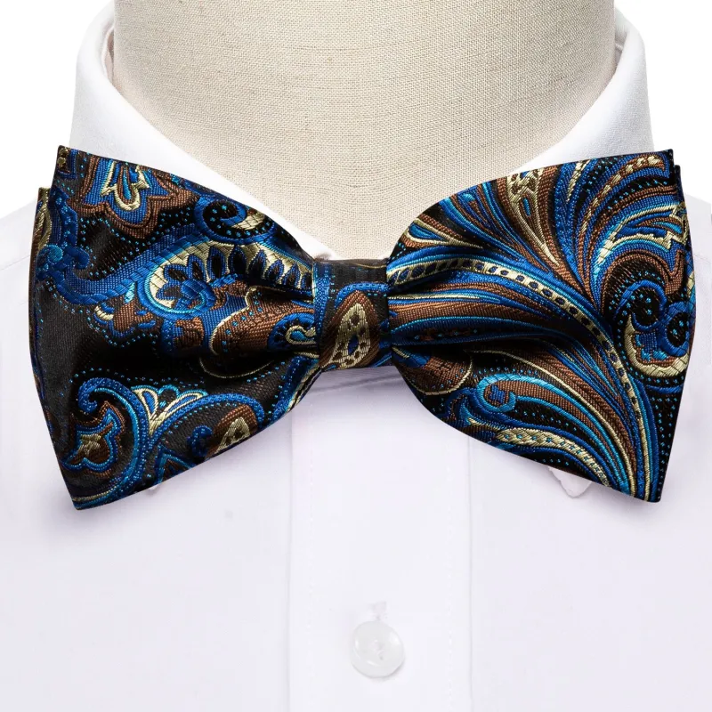 Ties2you Men's Blue Paisley Bowtie Pre-tied Black Bow Tie Handkerchief Cufflinks Set sold by Ties2You
