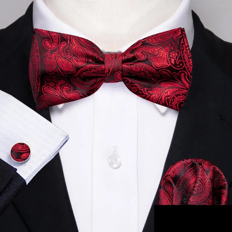 Ties2you Red Paisley Tuxedo Bow Tie Pre-tied Wedding Bowtie Pocket Square Cufflinks Set sold by Ties2You