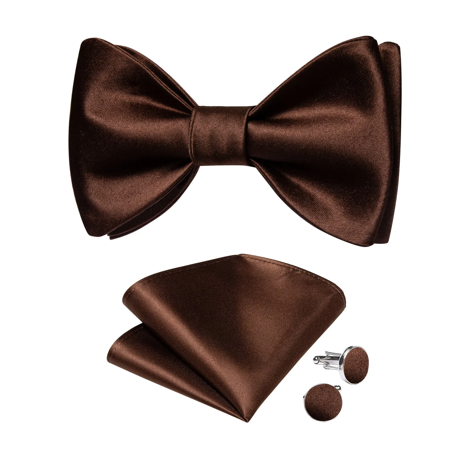 Ties2you Brown Self-tie Bowtie Solid Formal Bow Tie Pocket Square Cufflinks Set for Men sold by Ties2You product image thumbnail 2