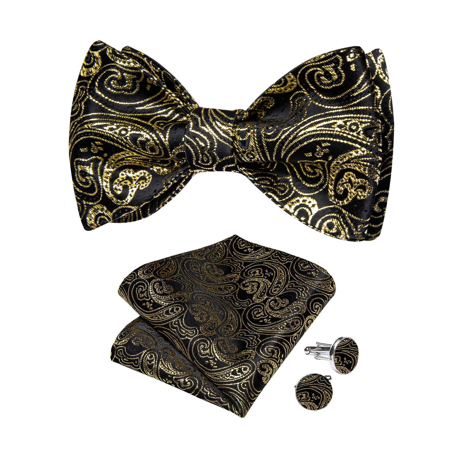 Ties2you Gold Paisley Bowtie Self-tie Black Formal Bow Tie Pocket Square Cufflinks Set sold by Ties2You product image thumbnail 2