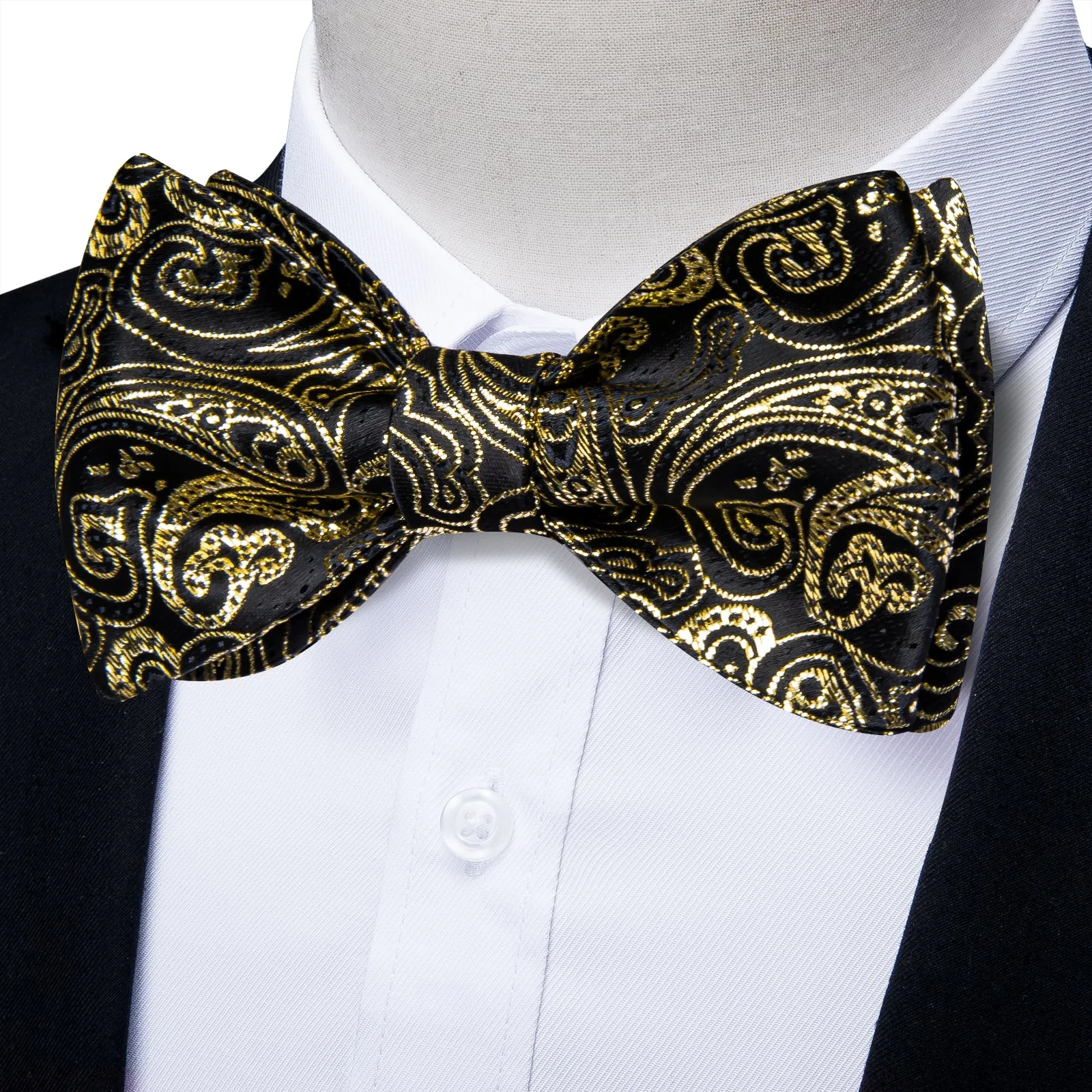 Ties2you Gold Paisley Bowtie Self-tie Black Formal Bow Tie Pocket Square Cufflinks Set sold by Ties2You