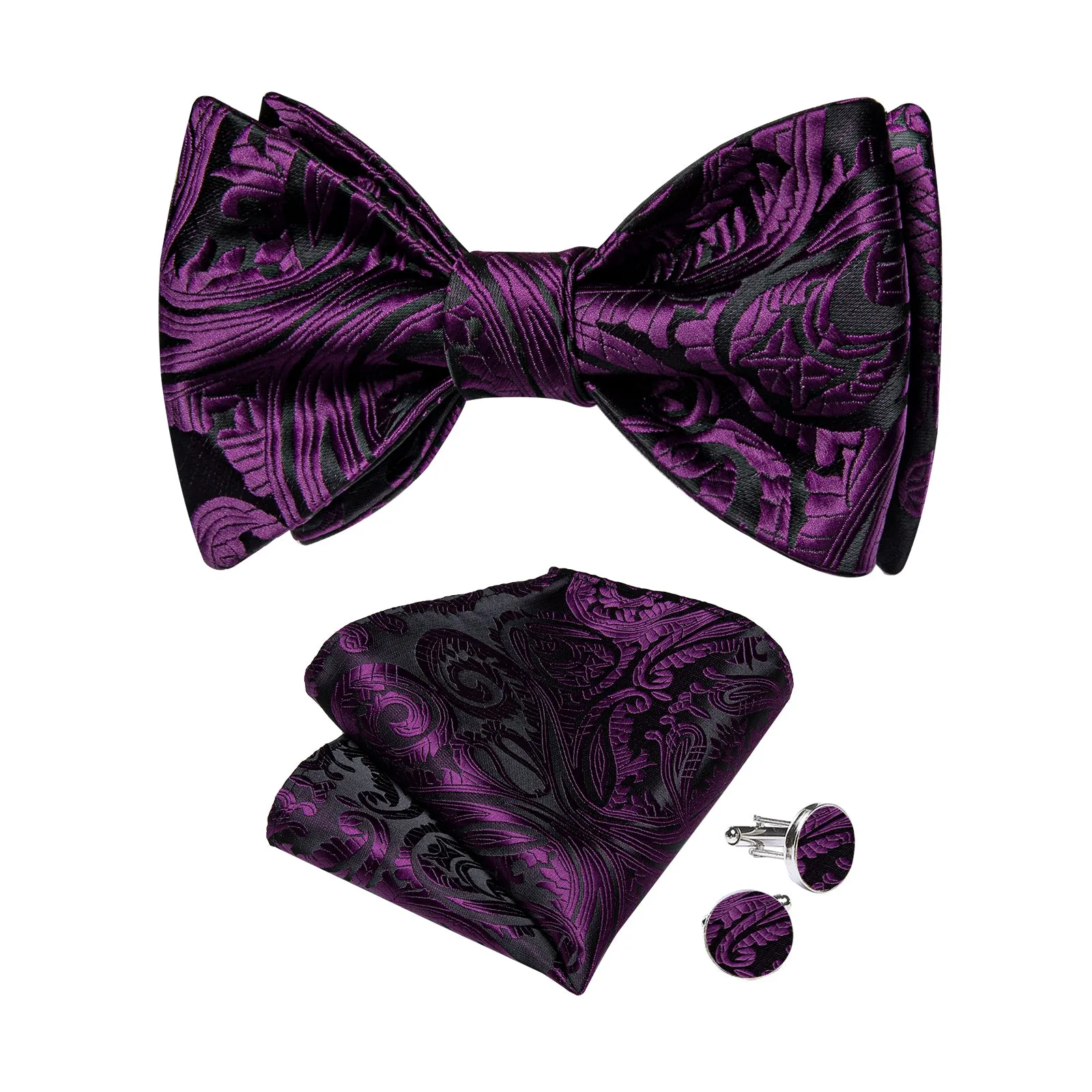 Ties2you Purple Floral Tuxedo Bowtie Black Self-tie Bow Tie Hanky Cufflinks Set for Men sold by Ties2You product image thumbnail 2