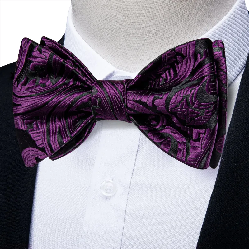 Ties2you Purple Floral Tuxedo Bowtie Black Self-tie Bow Tie Hanky Cufflinks Set for Men made by Ties2You