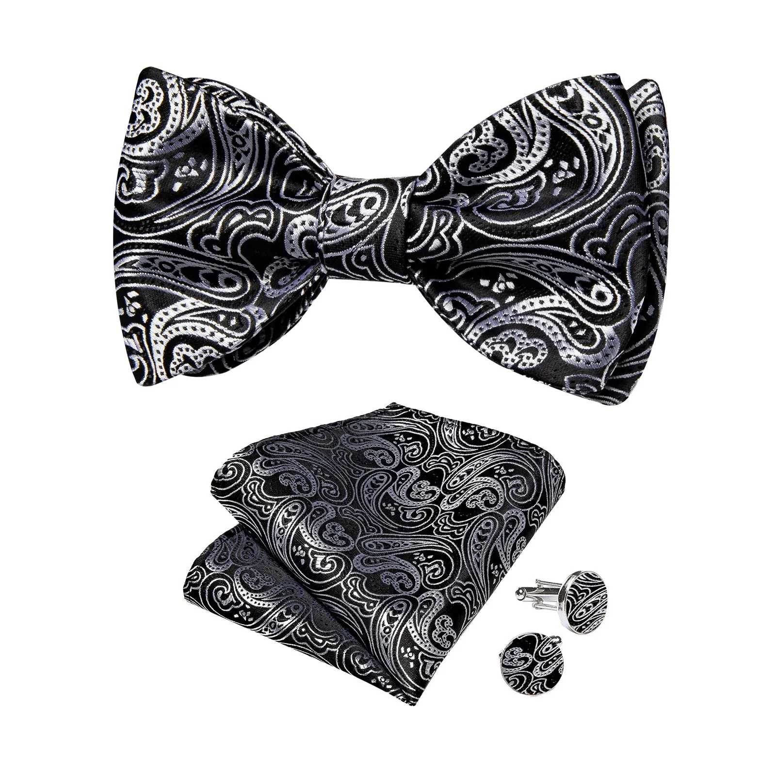 Ties2you Men's Paisley Grey Bowtie Pre-tied Wedding Bow Tie Handkerchief Cufflinks Set sold by Ties2You product image thumbnail 2