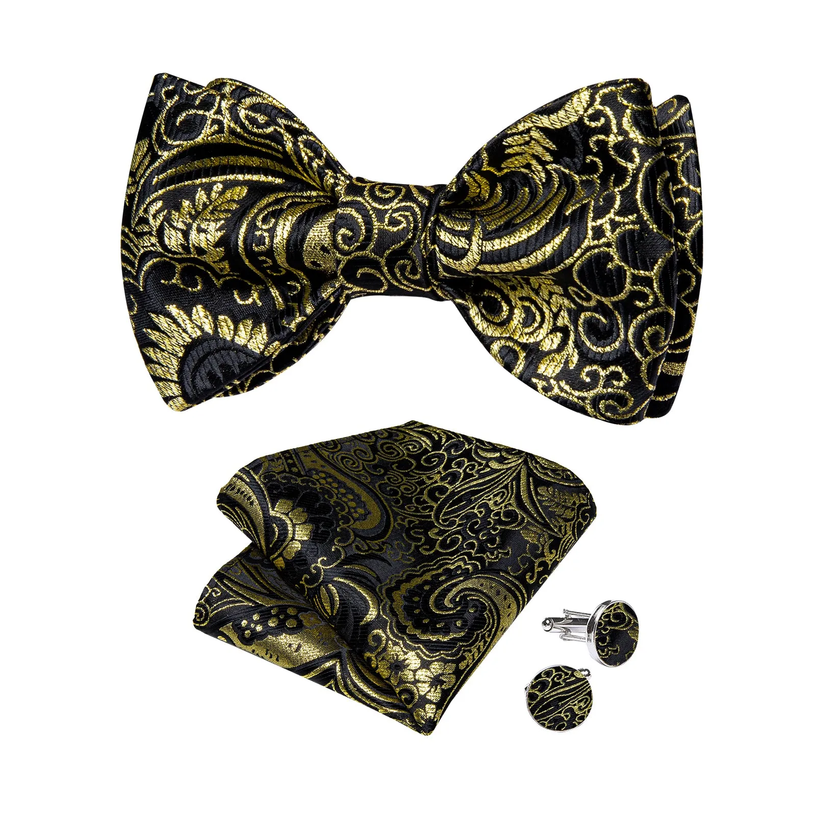 Ties2you Men's Gold Floral Tuxedo Bowtie Black Self-tie Bow Tie Handkerchief Cufflinks Set sold by Ties2You product image thumbnail 2