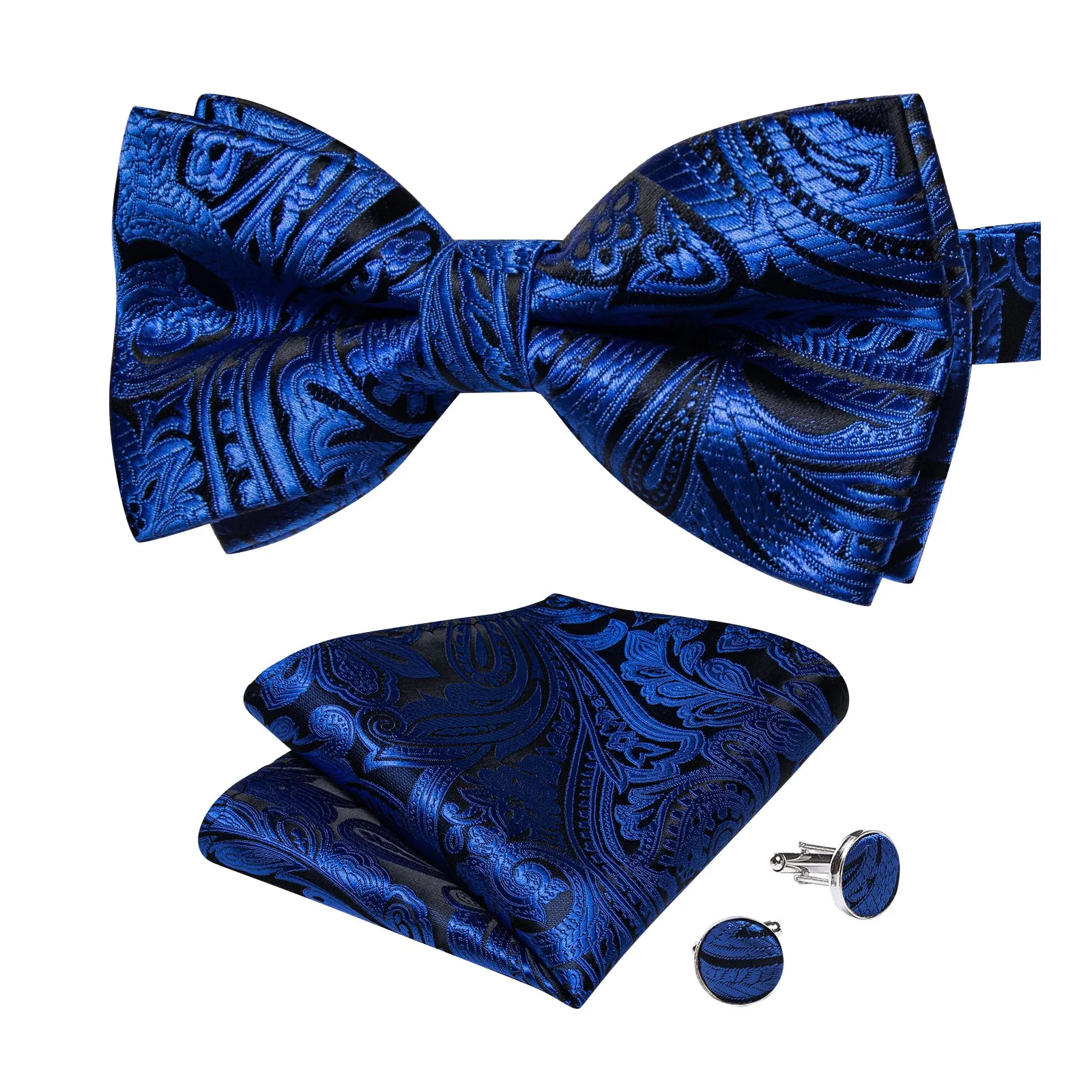 Ties2you Blue Floral Tuxedo Bow Tie Pre-tied Bowtie Pocket Square Cufflinks Set for Men sold by Ties2You product image thumbnail 4
