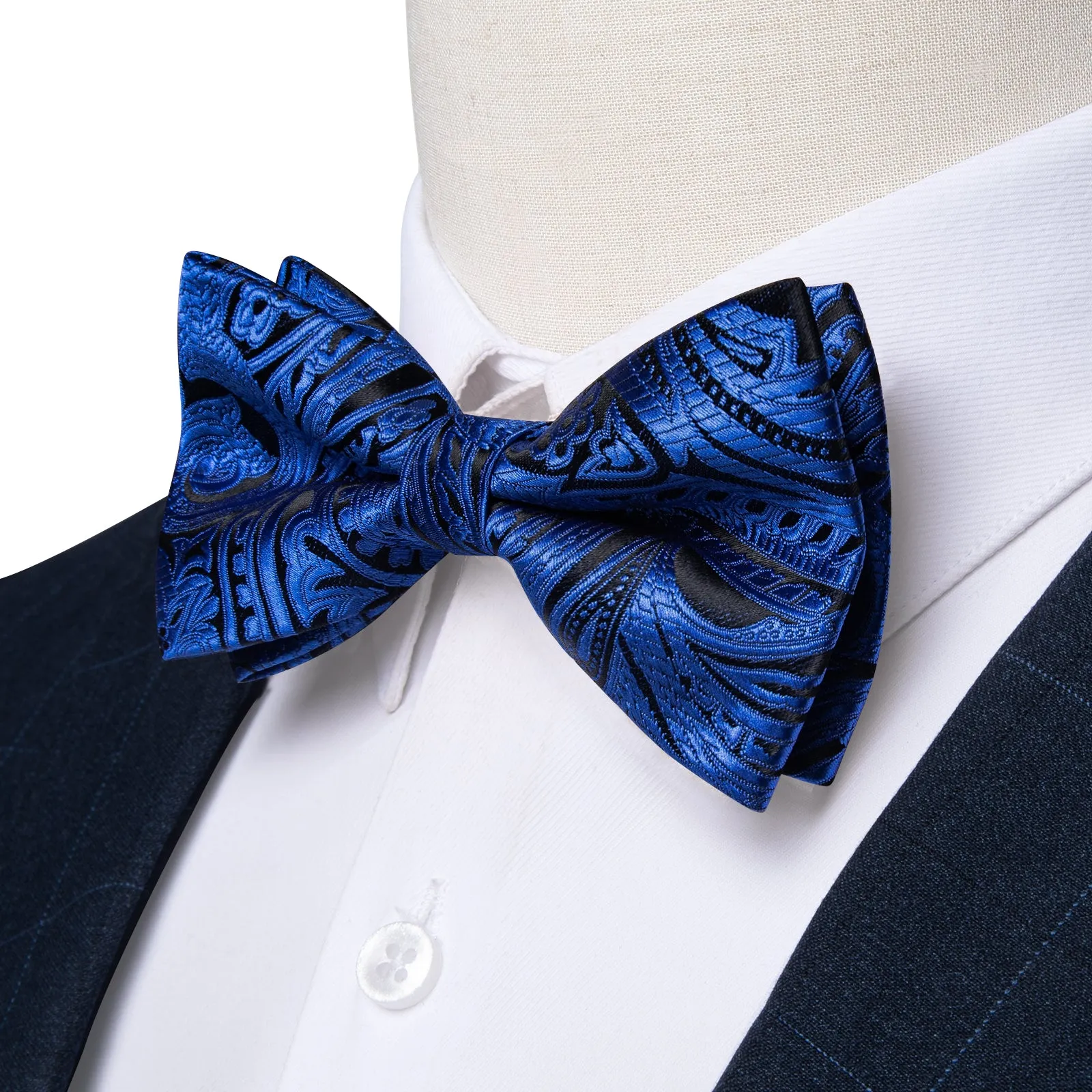 Ties2you Blue Floral Tuxedo Bow Tie Pre-tied Bowtie Pocket Square Cufflinks Set for Men sold by Ties2You product image thumbnail 2
