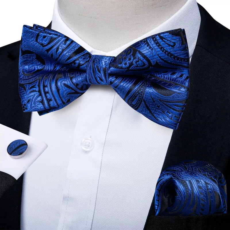 Ties2you Blue Floral Tuxedo Bow Tie Pre-tied Bowtie Pocket Square Cufflinks Set for Men sold by Ties2You