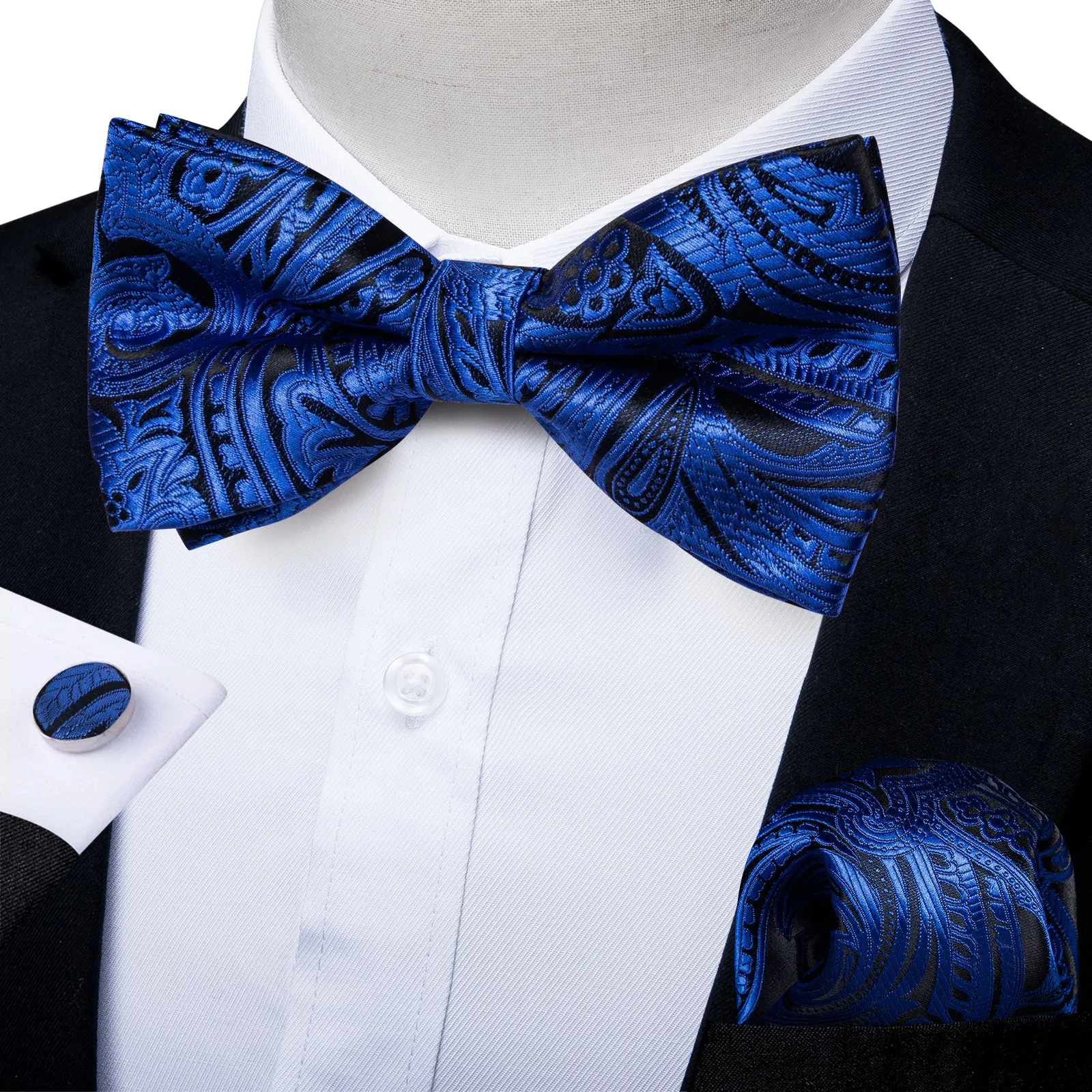 Ties2you Blue Floral Tuxedo Bow Tie Pre-tied Bowtie Pocket Square Cufflinks Set for Men sold by Ties2You