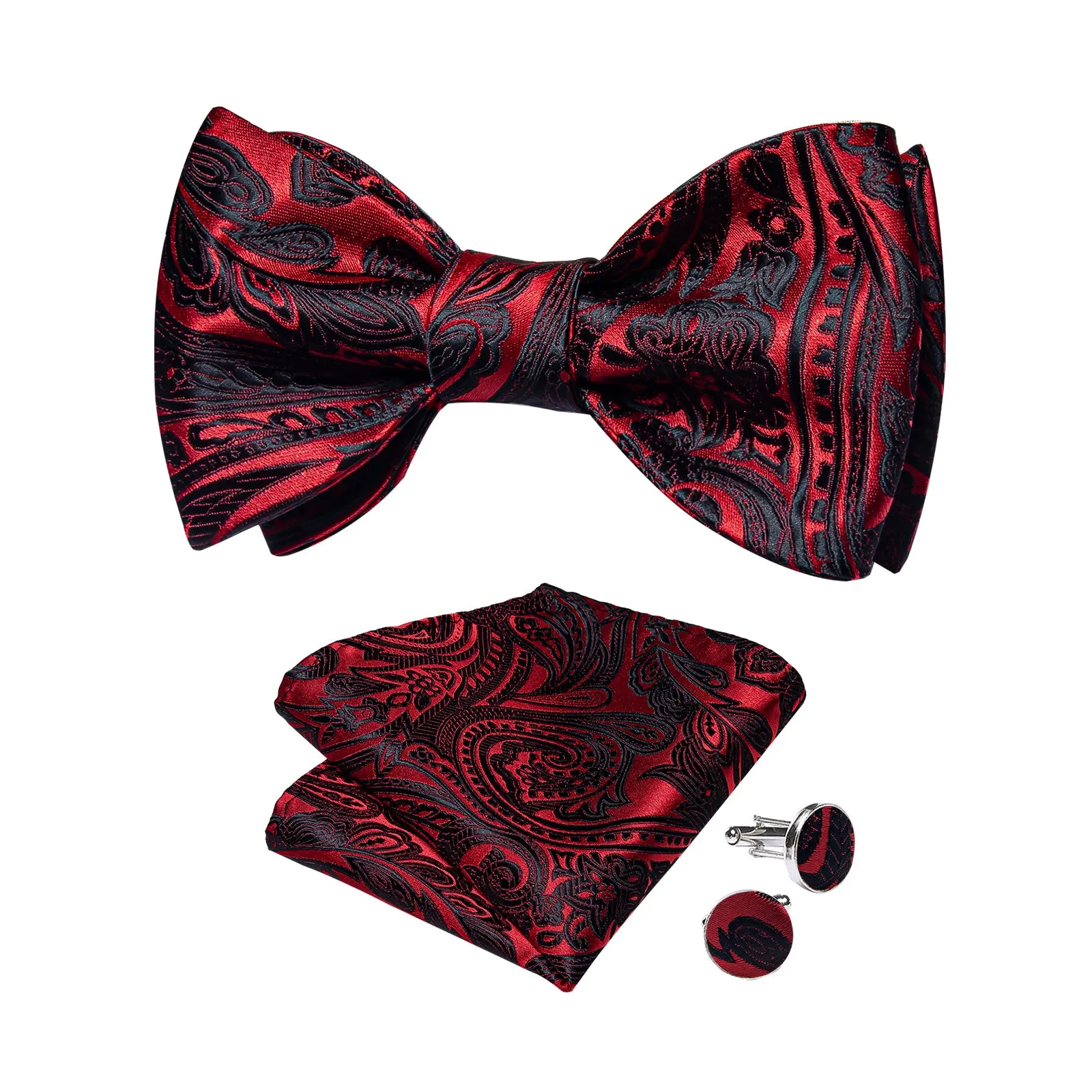 Ties2you Red Paisley Bowtie Self-tie Black Bow Tie Pocket Square Cufflinks Set for Men sold by Ties2You product image thumbnail 2