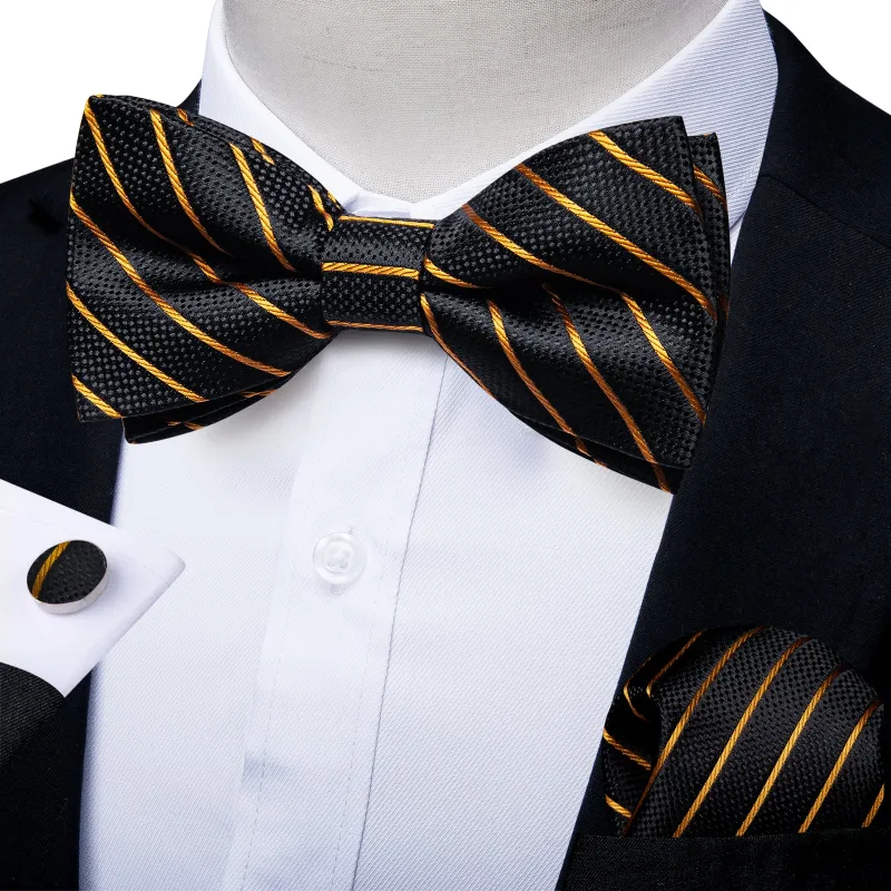Ties2you Men's Gold Striped Bowtie Black Pre-tied Bow Tie Handkerchief Cufflinks Set sold by Ties2You