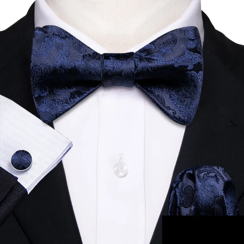 Ties2you Men's Navy Blue Floral Bowtie Self-tie Formal Bow Tie Pocket Square Cufflinks Set sold by Ties2You