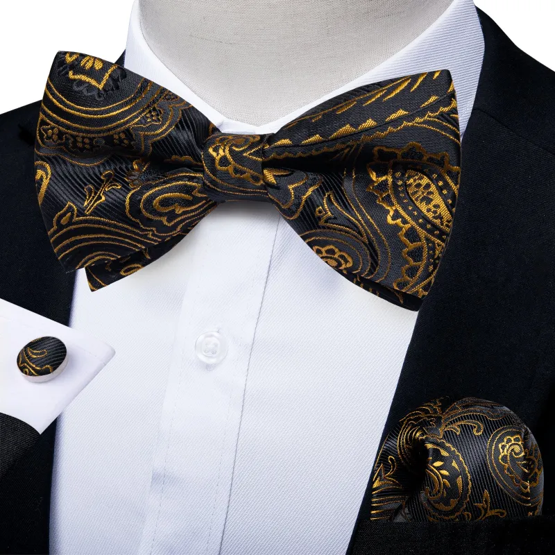Ties2you Men's Gold Paisley Bowtie Black Pre-tied Tuxedo Bow Tie Hanky Cufflinks Set sold by Ties2You