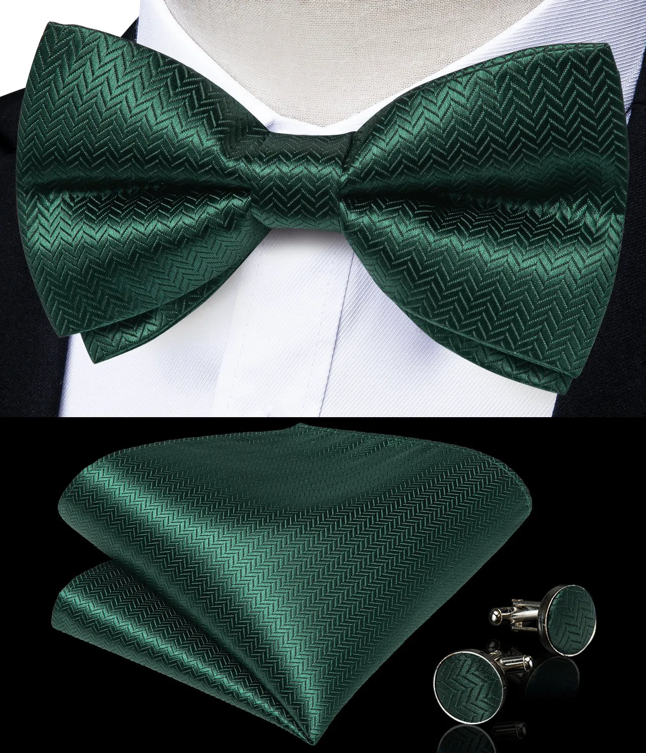 Ties2you Hunter Green Pre-tied Bow Tie Striped Bowtie Handkerchief Cufflinks Set for Men sold by Ties2You product image thumbnail 3